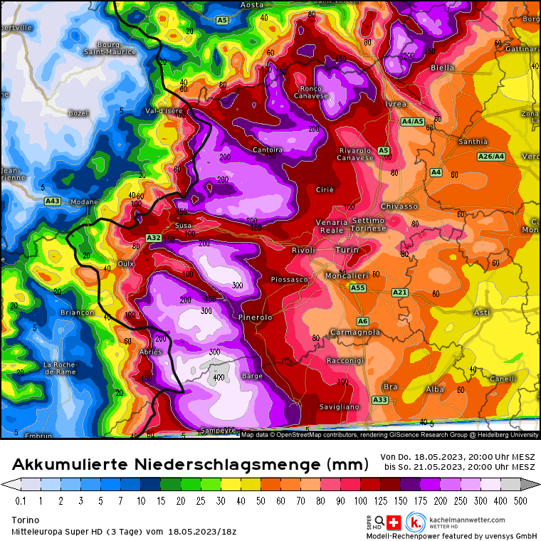 Die erwarteten Regenmengen im italienischen Piedmont in den nächsten 72 Stunden.