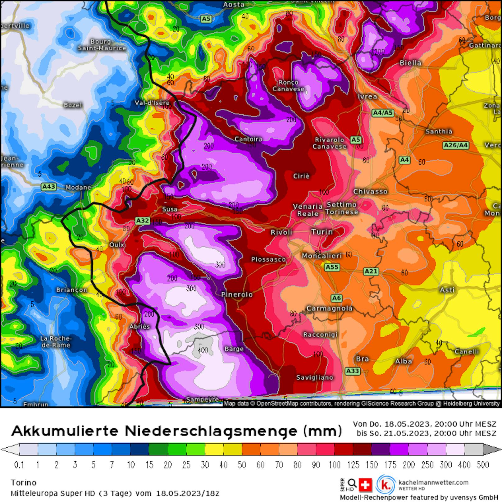 Die erwarteten Regenmengen im italienischen Piedmont in den nächsten 72 Stunden.