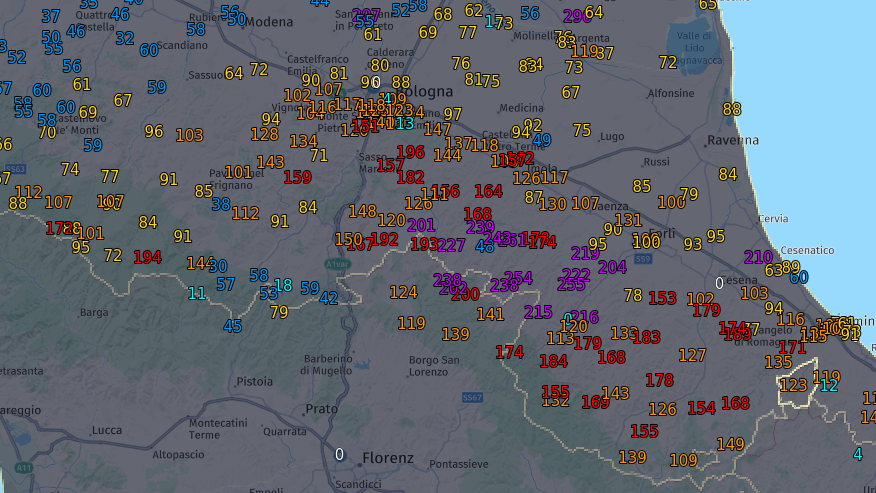 Regenmengen (Liter pro Quadratmeter) in der Emilia-Romagna seit Montagmittag (15. Mai 2023)