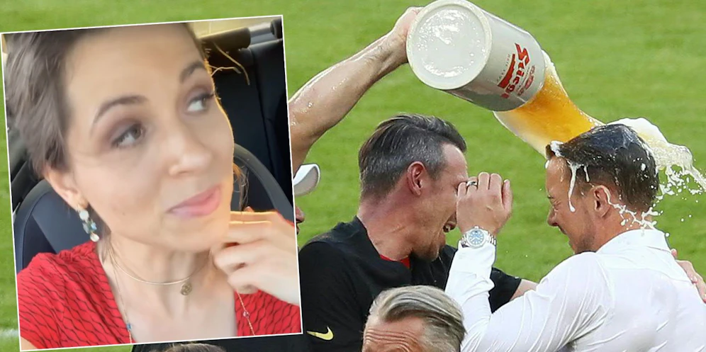 ORF-Moderatorin Kristina Inhof (l.) geriet in die Bierdusche