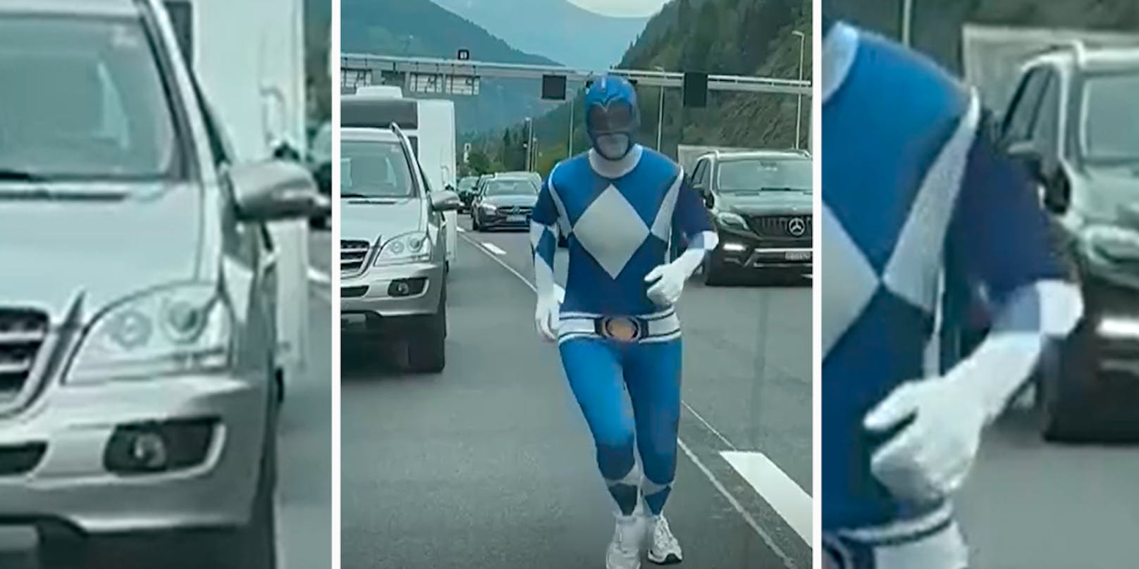 Richtig gesehen: Hier saust ein blauer "Power Ranger" über die A2 Gotthart-Autobahn.