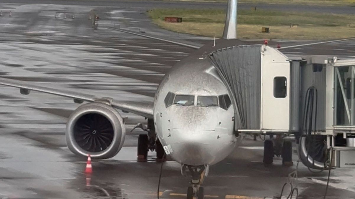 A plane covered with volcanic ash, following Mount Etna eruption, is seen at Catania international airport, Italy, May 21, 2023, in this screengrab obtained from a social media video. Instagram @victorienjoy via REUTERS  THIS IMAGE HAS BEEN SUPPLIED BY A THIRD PARTY. MANDATORY CREDIT. NO RESALES. NO ARCHIVES.