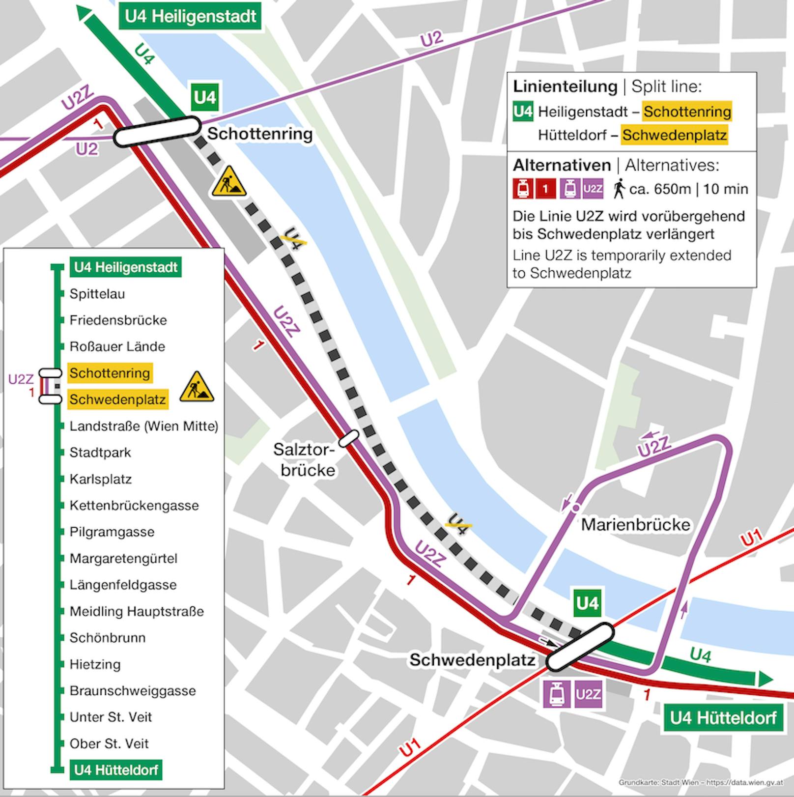 Fahrgäste können auf die Linie 1 und die Linie U2Z ausweichen – diese wird in der Bauzeit während der U4-Linienteilung bis Schwedenplatz verlängert.