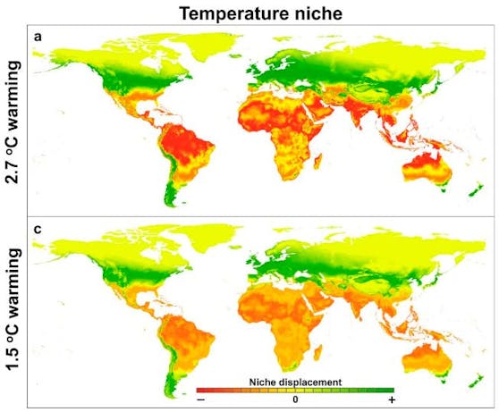 Auswirkungen auf die "menschliche Klima-Nische" bei 1,5 Grad (unten) und 2,7 Grad globaler Erwärmung.
