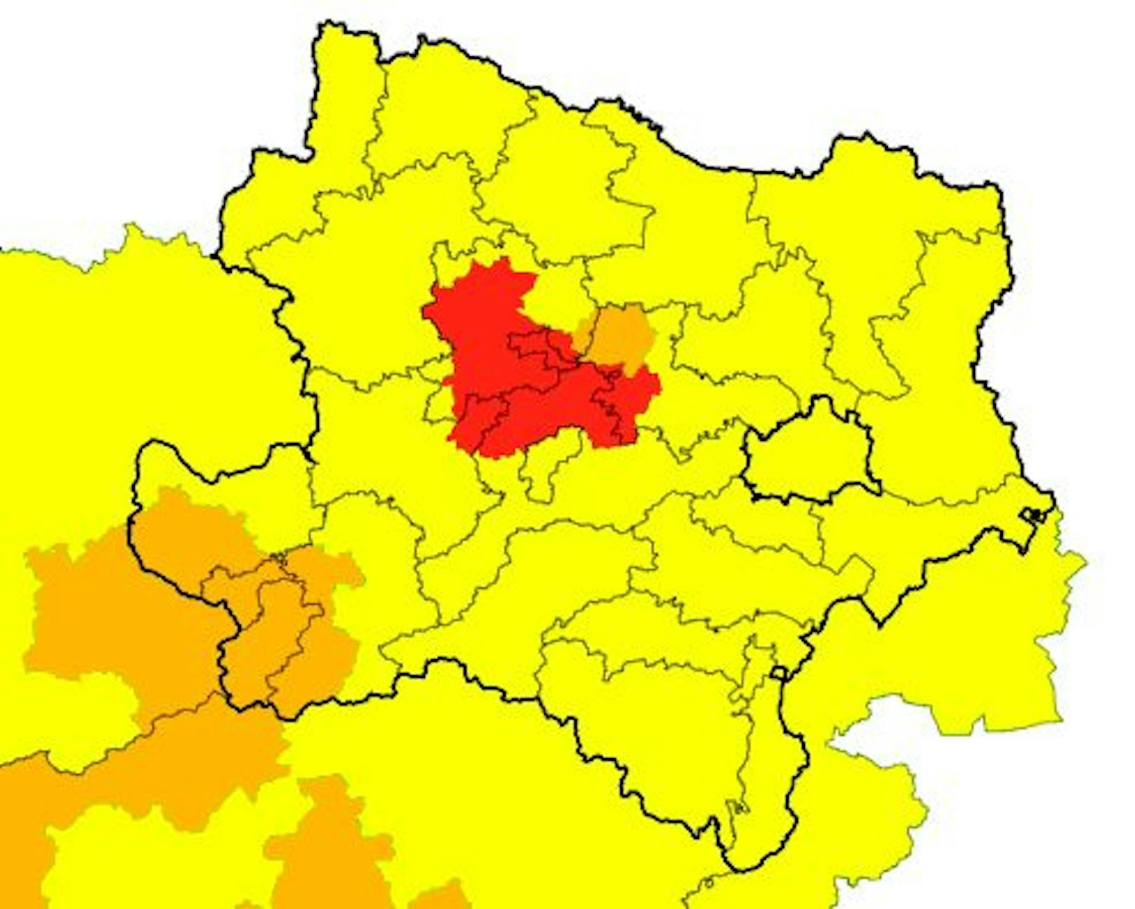 Die aktuellen Gewitterwarnungen für Niederösterreich. Im Raum Krems gilt Warnstufe Rot.