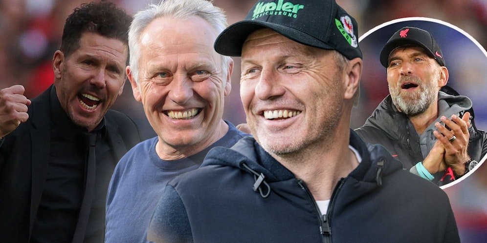 Thomas Silberberger (2. v. r.) muss sich im Ranking der längstdienenden Trainer nur Diego Simeone (l.) und Christian Streich (2. v. l.) geschlagen geben. Jürgen Klopp fehlen zwei Jahre auf den Tiroler.