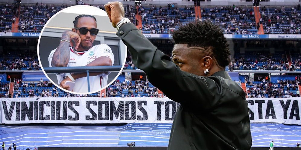 Lewis Hamilton (o.) ist von Vinicius Junior (r.) beeindruckt.