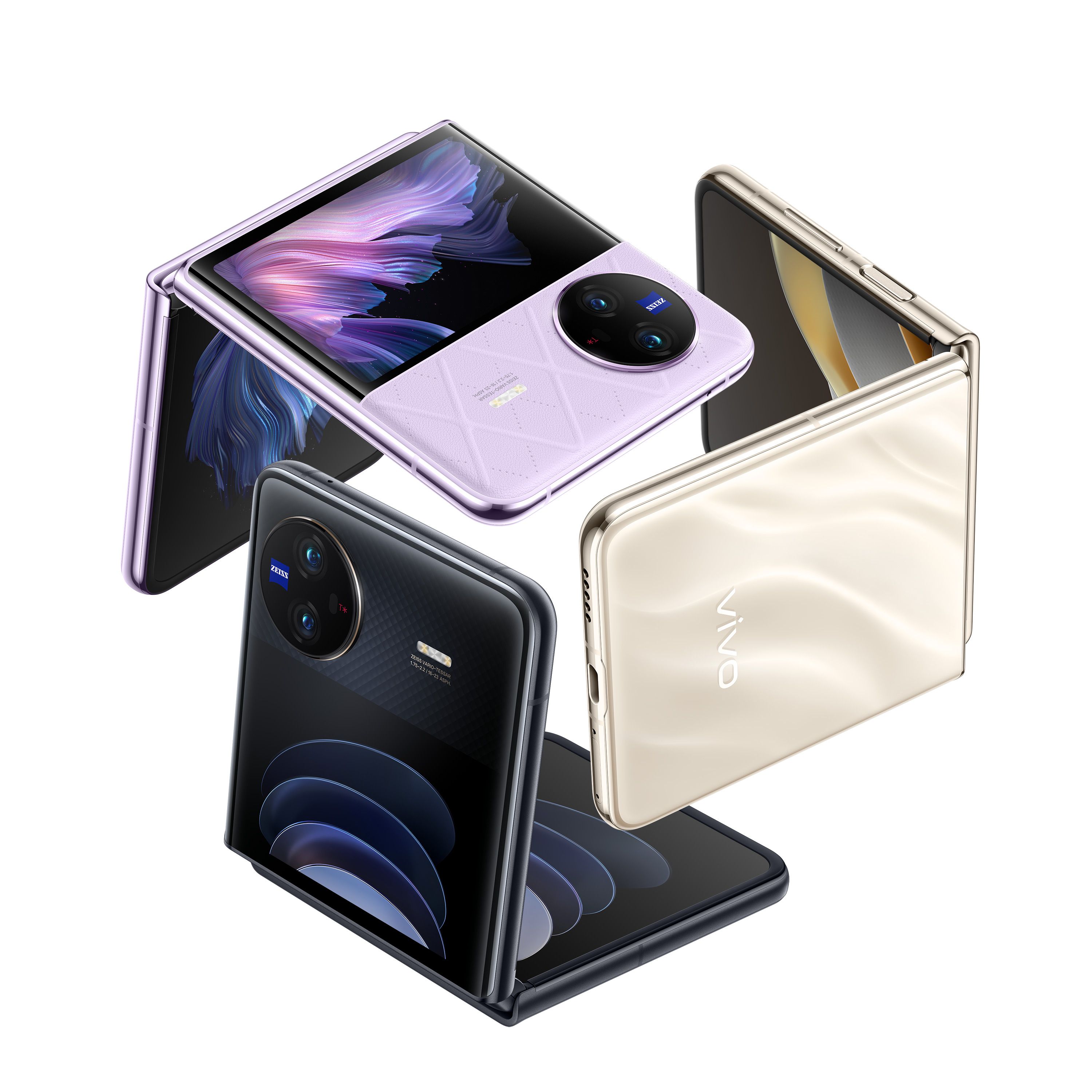 Das vivo X Flip kommt in drei atemberaubenden Farben auf den Markt: Rhombic Purple, Silk Gold und Diamond Black.  