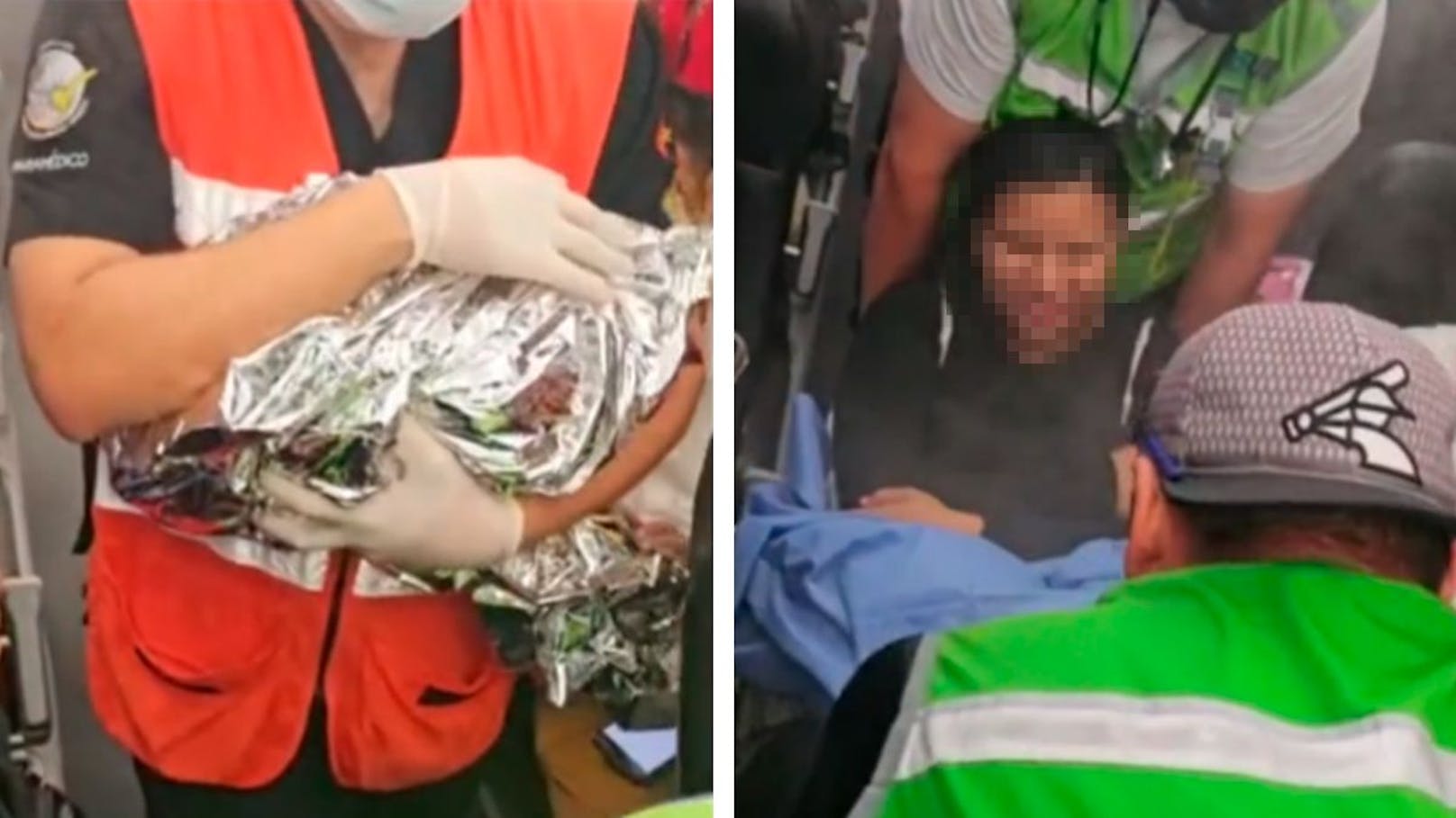 Eine Passagierin filmte die glückliche Jungmutter und ihr Baby beim Abtransport aus dem Flieger.