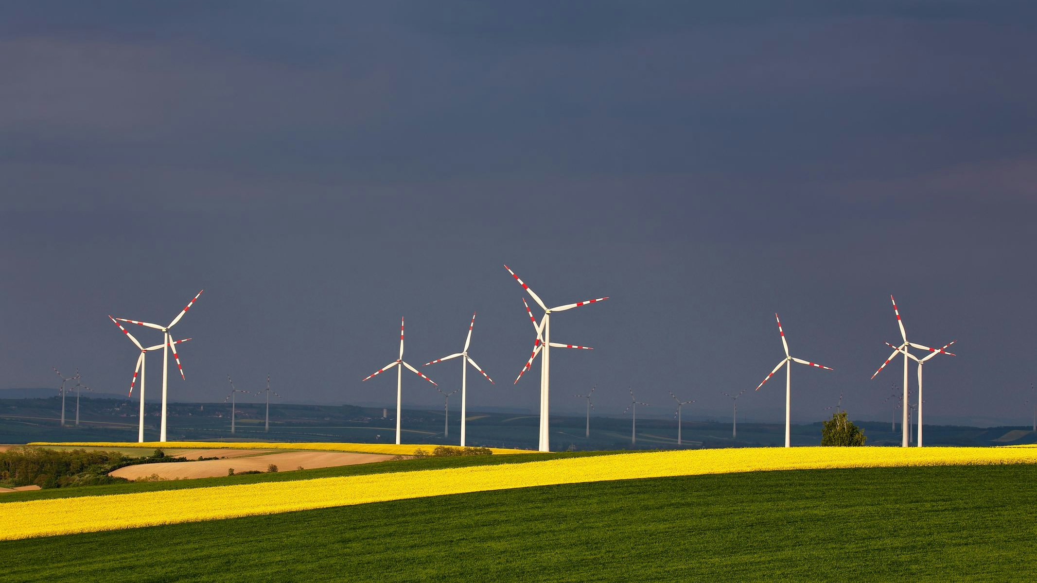 Windkraftanlagen inmitten blühender Rapsfelder vor Gewitterwolken an einem Frühlingstag in Österreich.