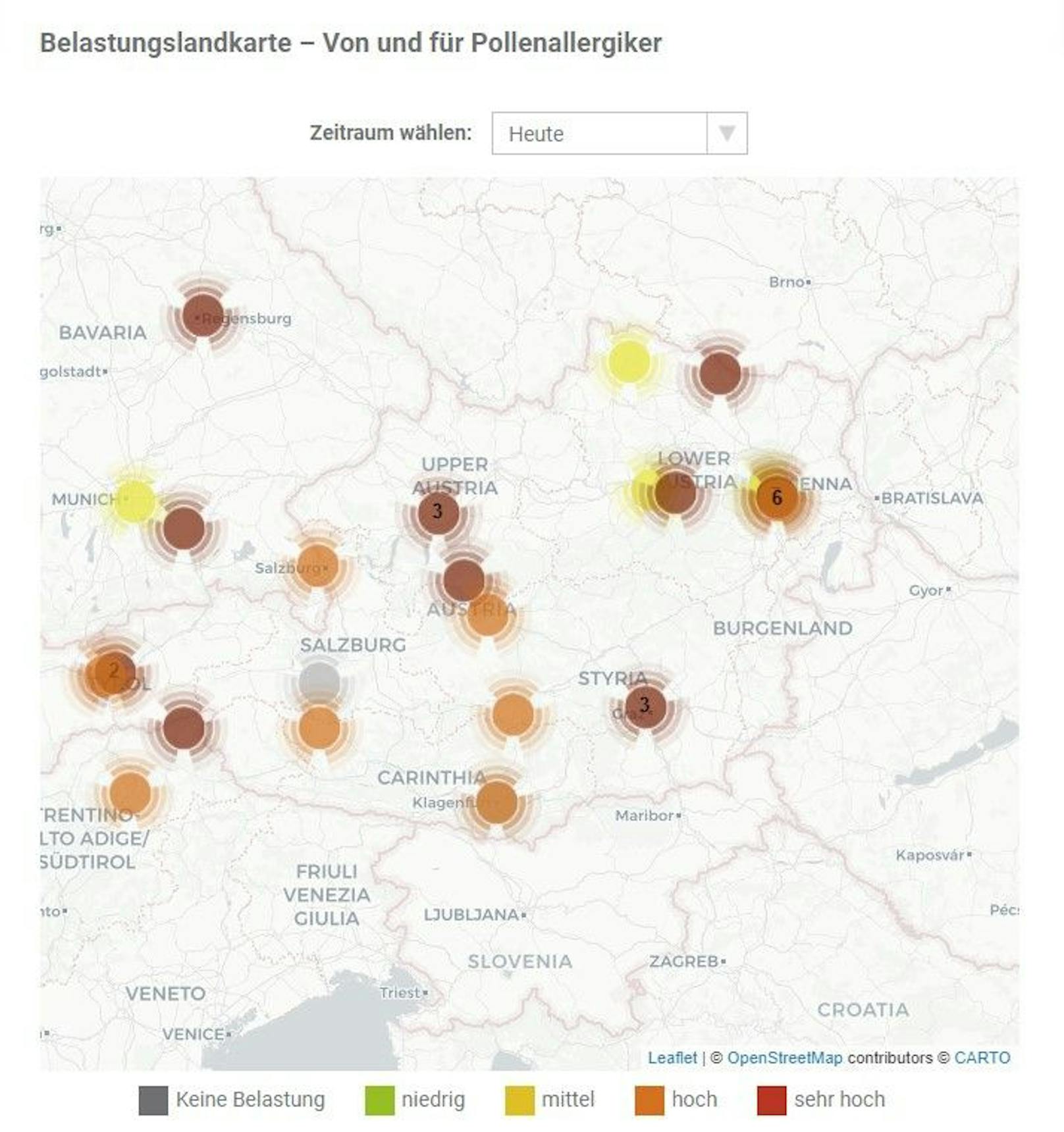 Die Karte zeigt die aktuelle österreichweite Pollenbelastung.