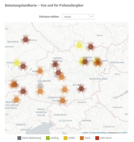 Die Karte zeigt die aktuelle österreichweite Pollenbelastung.
