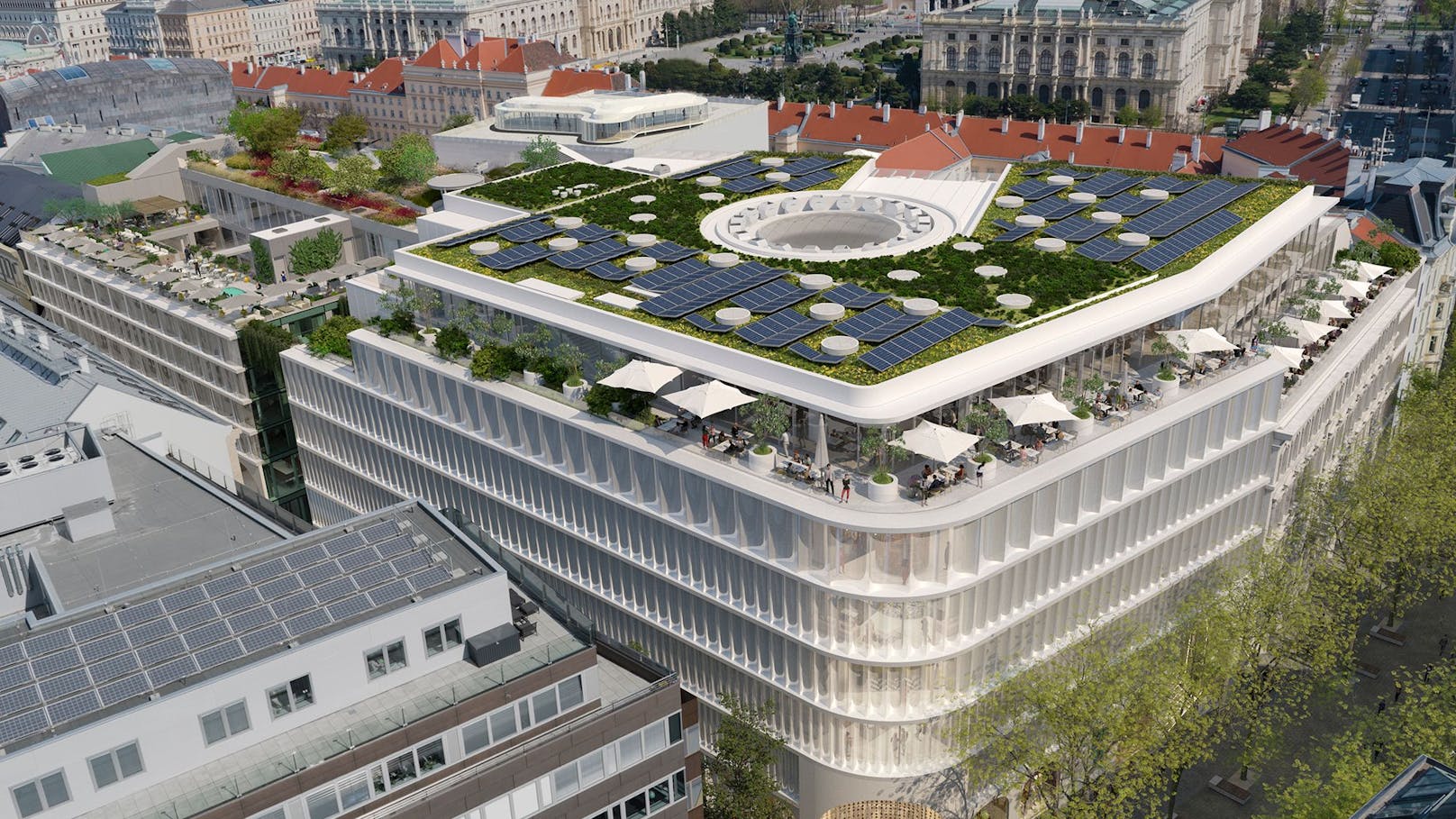 So soll das Luxuskaufhaus "Lamarr" nach der Fertigstellung aussehen. Inklusive großem Dachgarten, der öffentlich zugänglich sein wird.