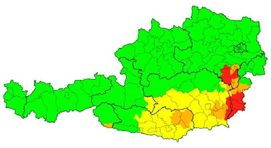 Die aktuellen Unwetterwarnungen in Österreich (14.35 Uhr).