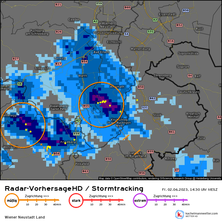 Die aktuelle Gewitterzellen in der Buckligen Welt. (14.40 Uhr)