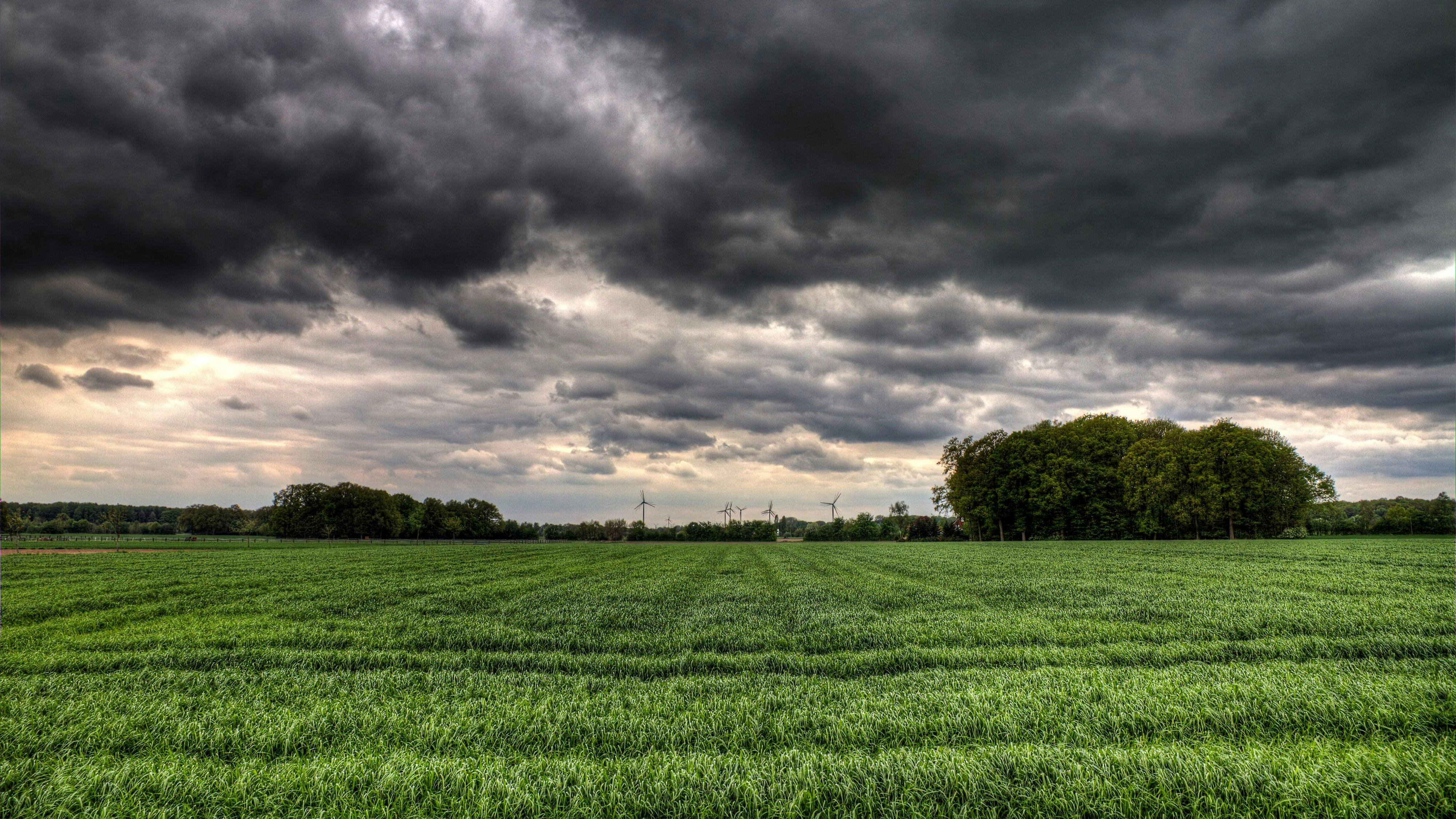 Ominous clouds over green fields in europe. HDR