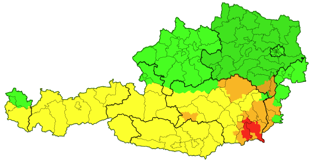 in der zweiten Nachthälfte gehen vom Südburgenland bis ins Weinviertel stellenweise kräftige Schauer nieder (Stand 4.Juni, 18 Uhr)
