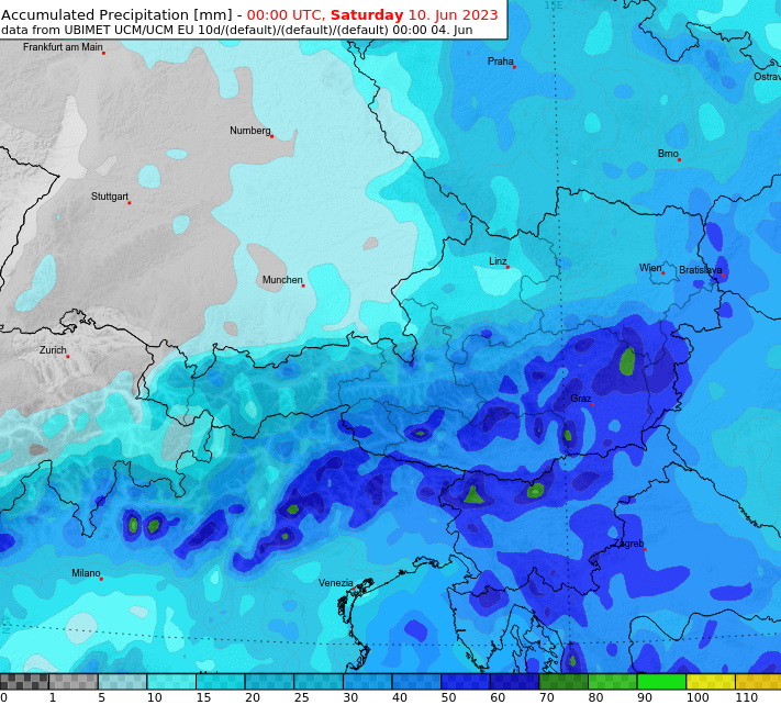 Die aktuelle Niederschlagsprognose bis kommenden Freitag. Besonders im südöstlichen Bergland zeichnen sich größere Regenmengen ab, wobei Gewitter lokal auch für deutlich höhere Spitzen sorgen.