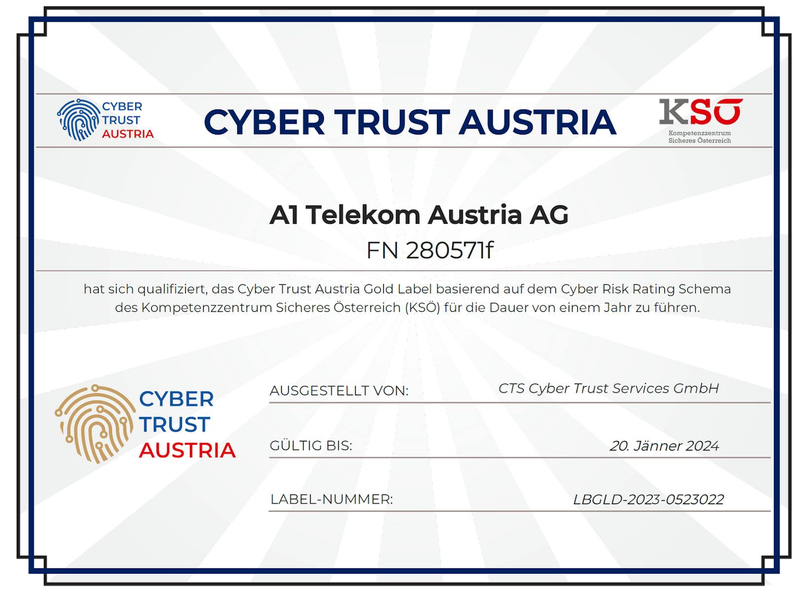 A1 qualifiziert sich für das Cyber Trust Austria Gold Label.