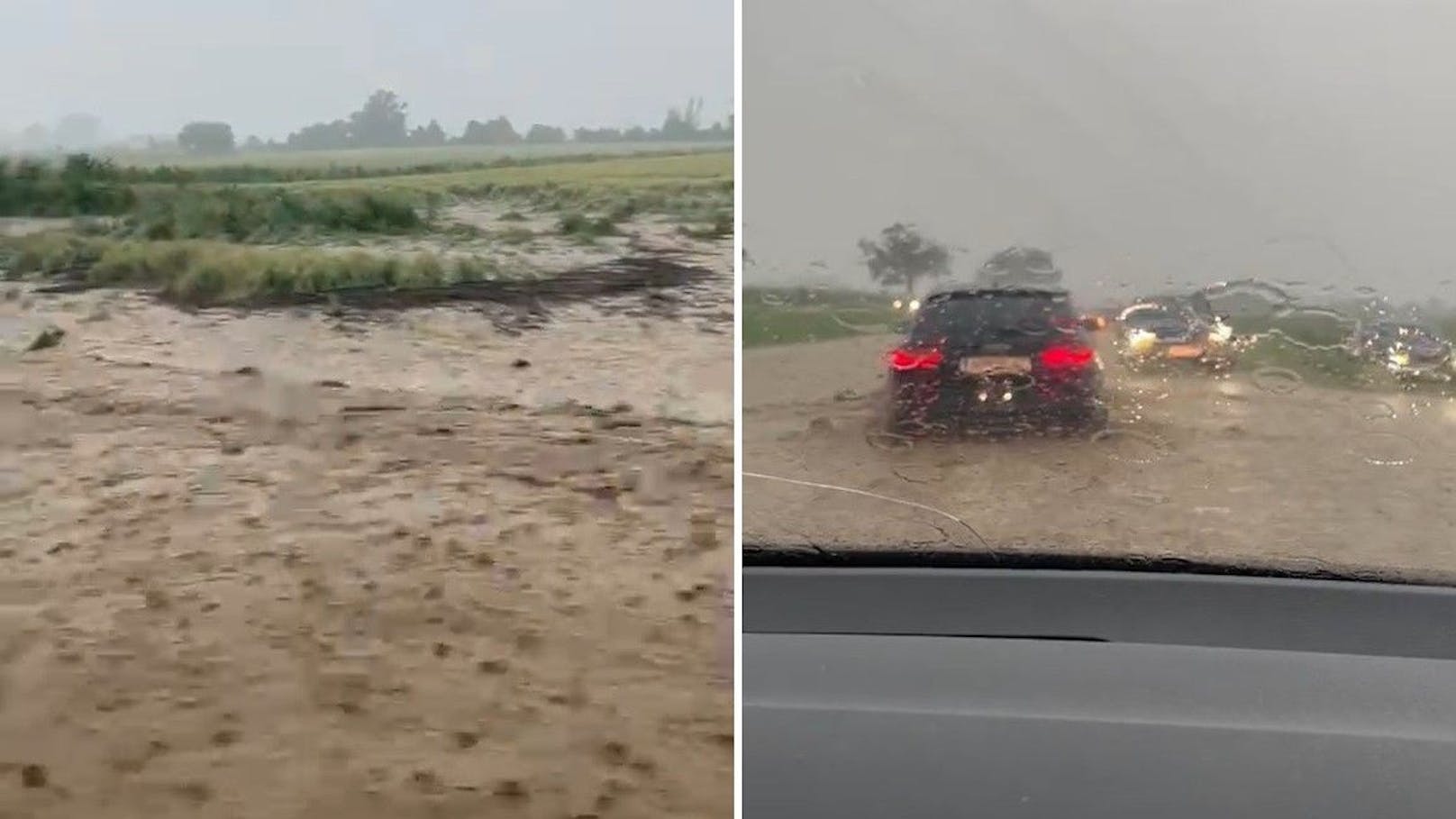 Autofahrer wurden am Dienstag von den Regenmassen überrascht – ein Video aus dem Burgenland zeigt die Sintflut.