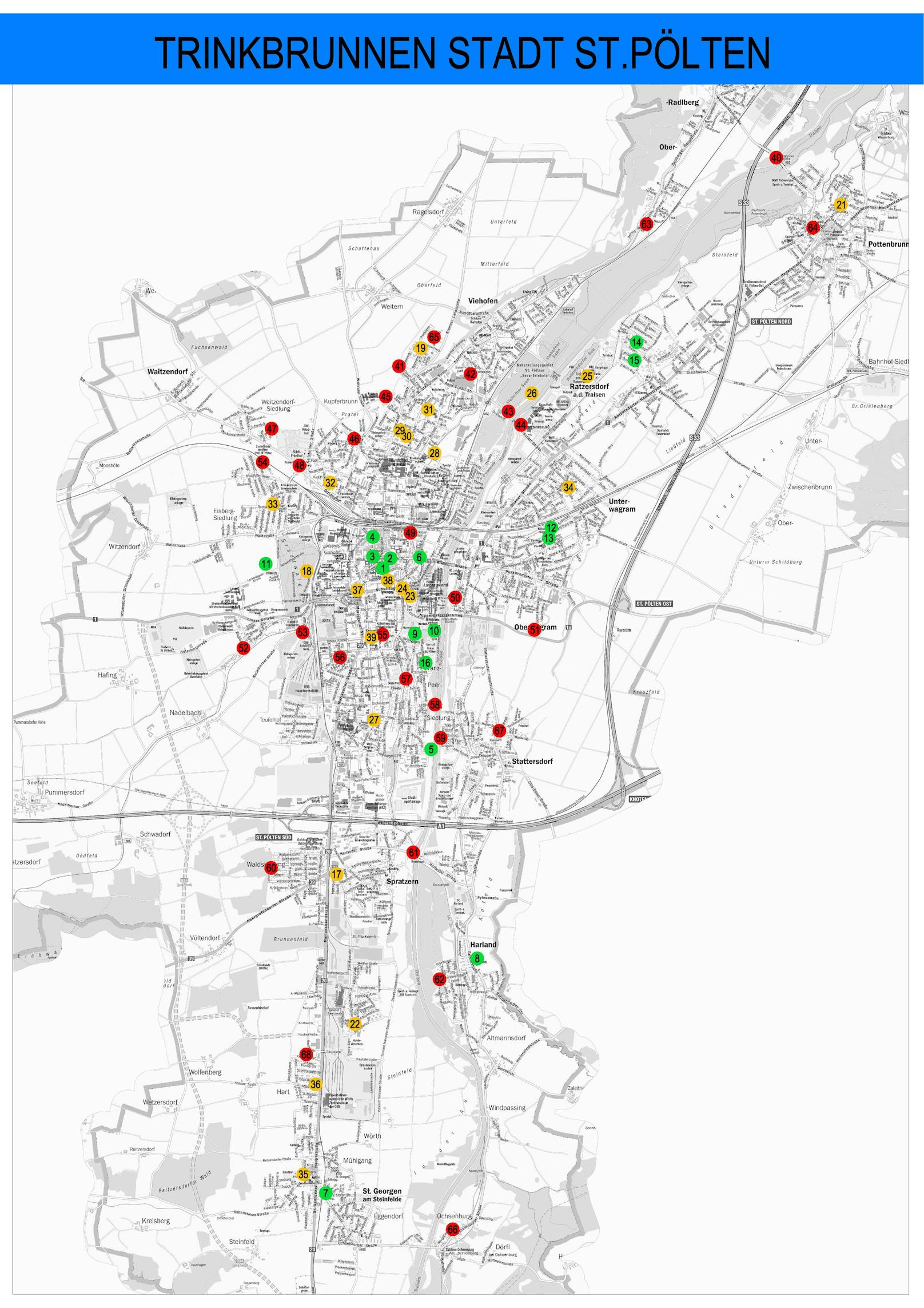 Wo genau die neuen Brunnen entstehen sollen, zeigt diese Karte: Grün: Standort bestehender Trinkbrunnen, Rot und Gelb: Standort geplanter Trinkbrunnen.