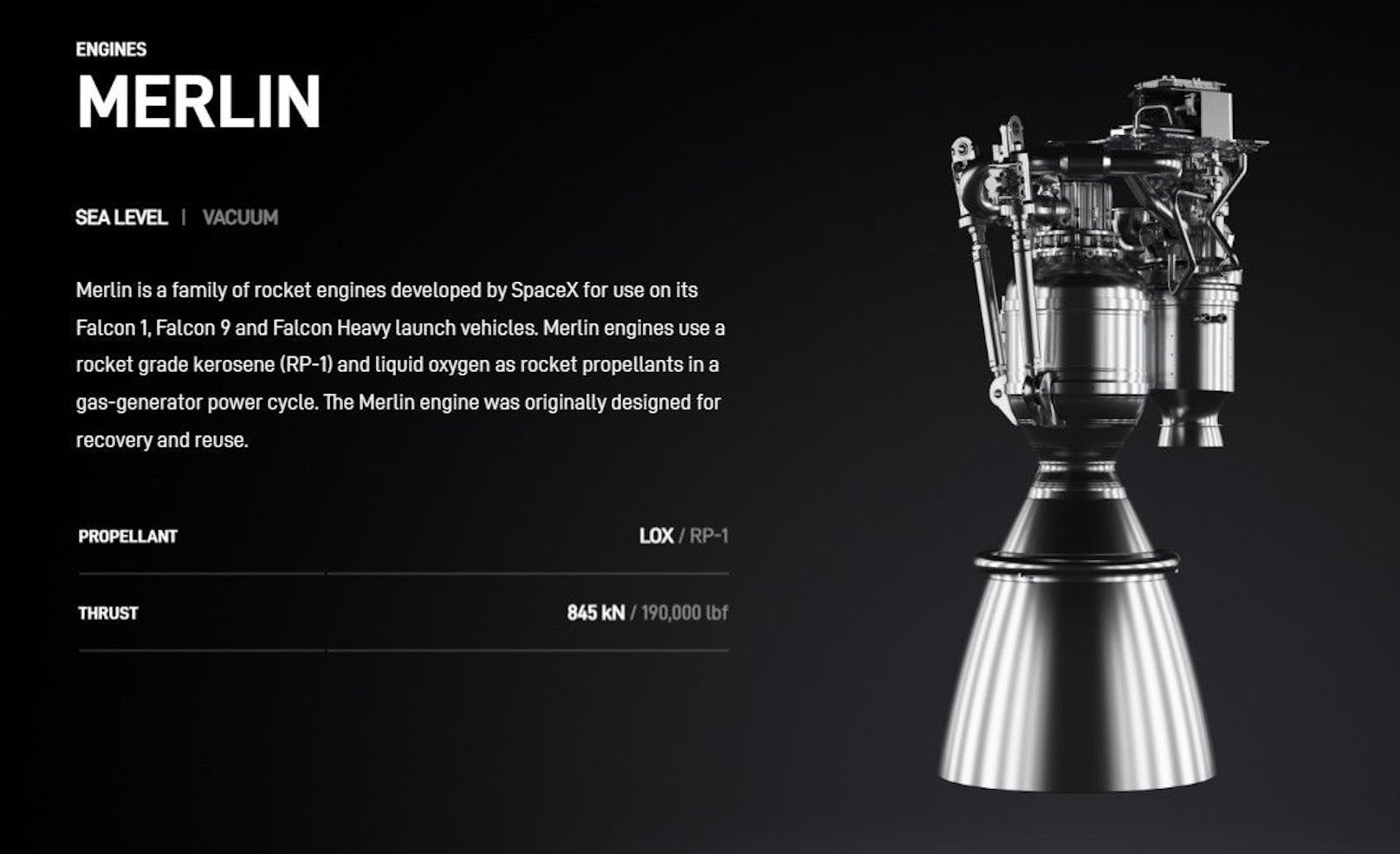 Bei Falcon-9-Raketen wird der sogenannte Merlin-Antrieb verwendet. Dafür wird flüssiger Sauerstoff sowie Kerosin verwendet.