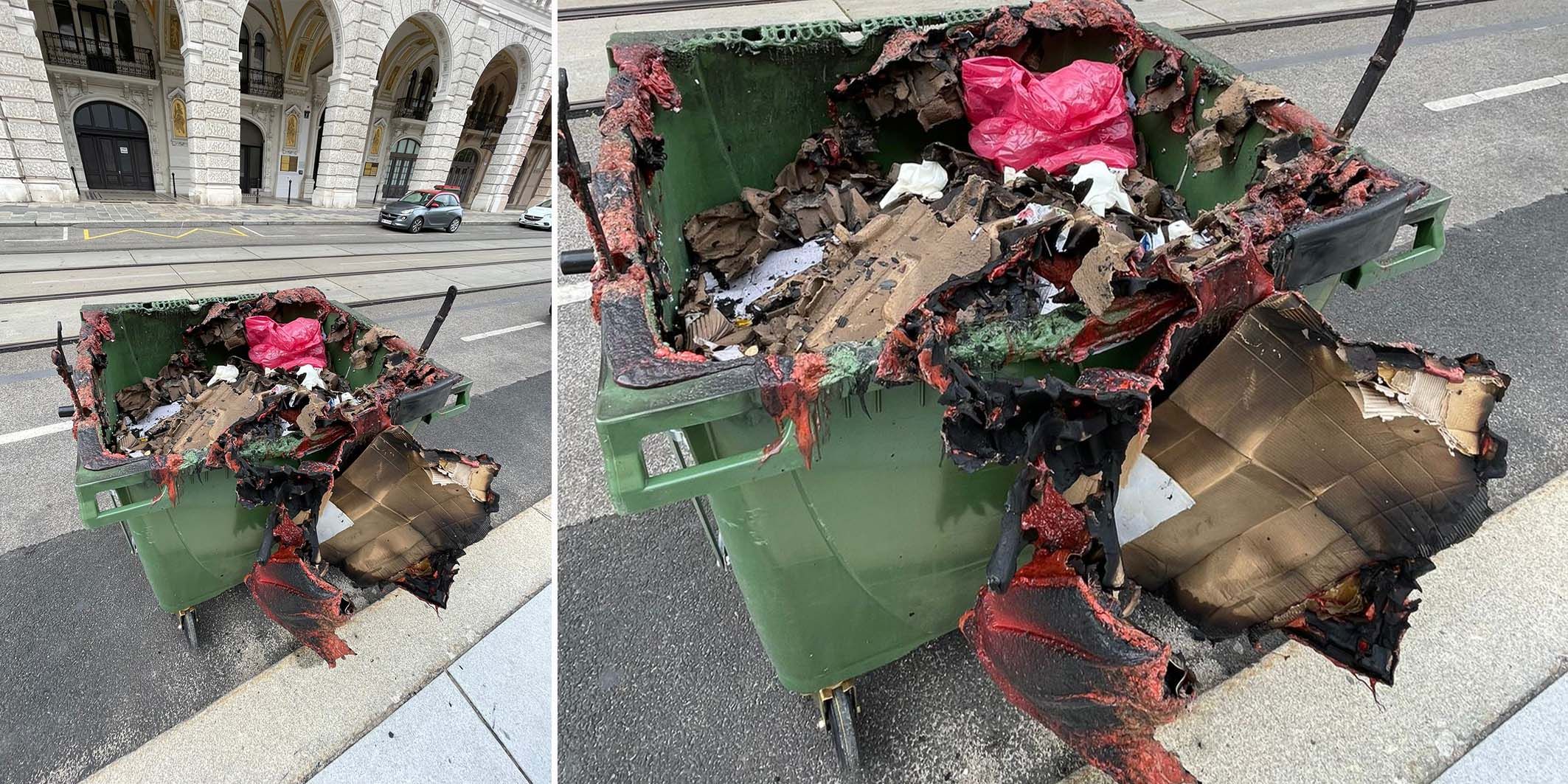 Der Mülleimer soll vor das Parlamentsgebäude geschoben worden sein.