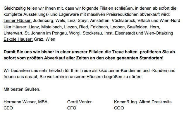 Ein Ausschnitt aus der "wichtigen Kundeninformation", die die Schließung öffentlich macht und den "größten Abverkauf aller Zeiten" ankündigt.