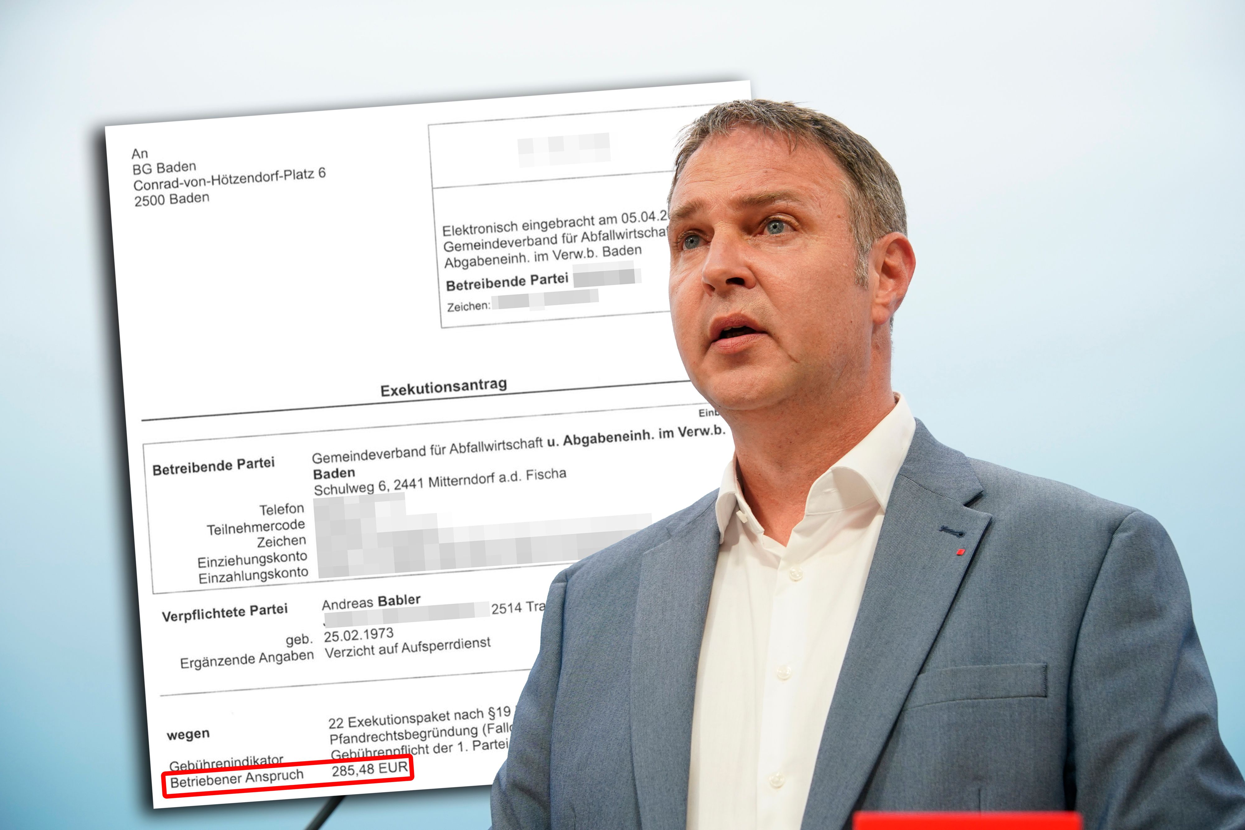 Der Exekutionsantrag gegen Andreas Babler. Er wurde vom Gericht am 19.4.2023 bewilligt.