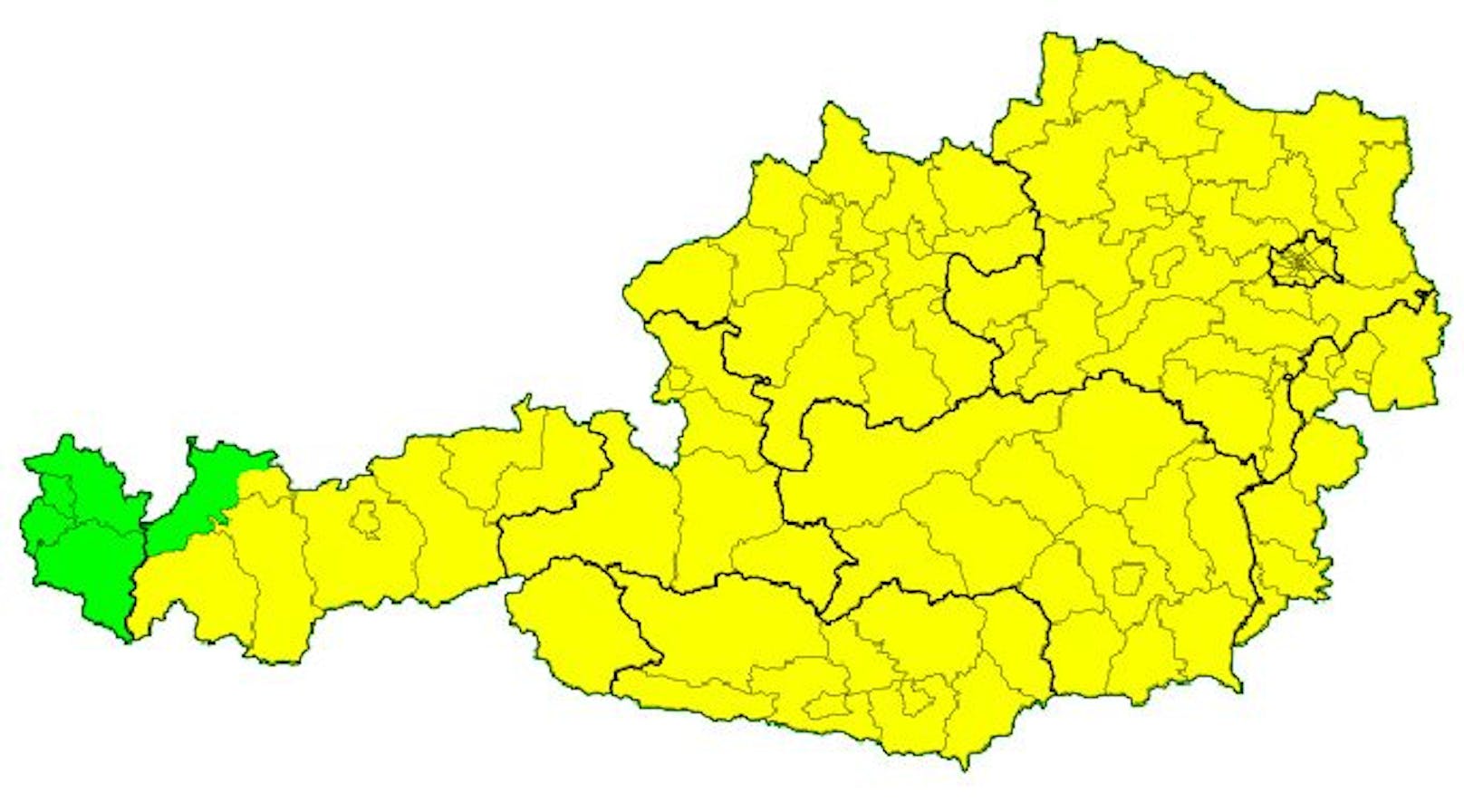 Gewitter-Vorwarnungen (gelb) beinahe im ganzen Land.