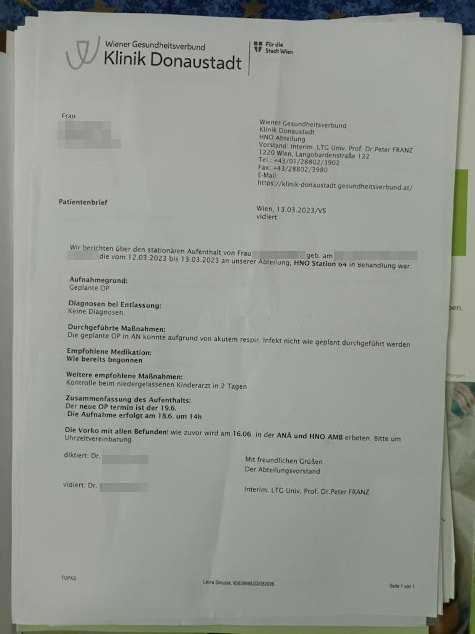 Patientenbrief der Klinik Donaustadt
