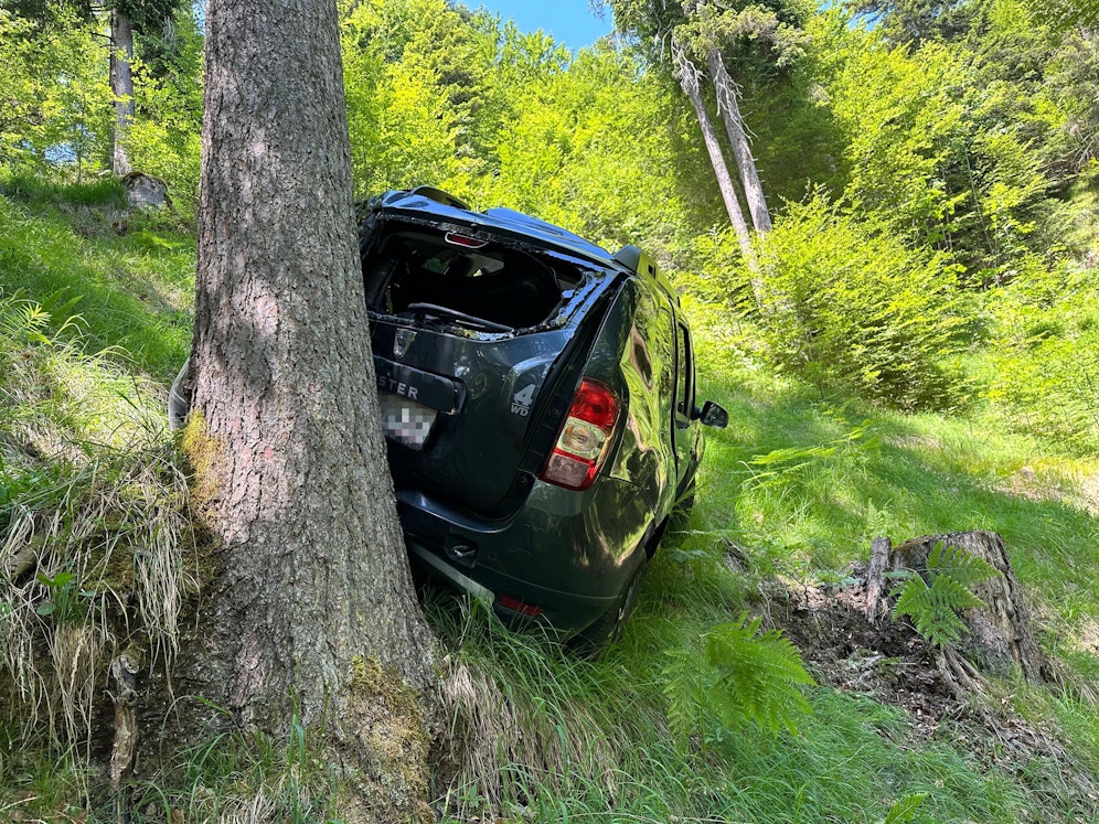 Riesiges Glück: Ein Baum stoppte den Absturz des Wagens in eine Schlucht.
