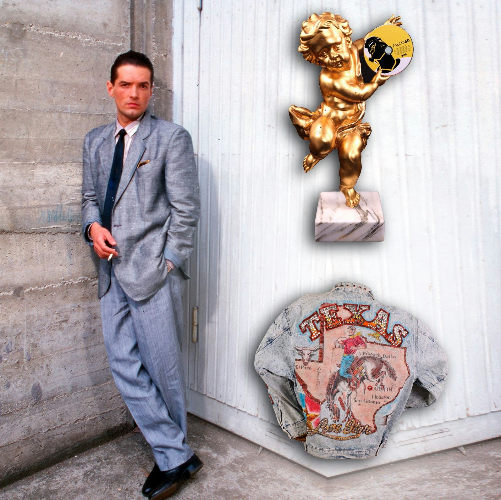 Am 28. Juni werden persönliche Stücke von Falco versteigert, darunter ein Award (o.) und eine Jeansjacke (u.).