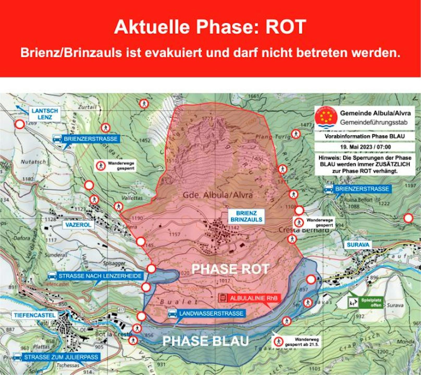 "Phase Rot" in Brienz: der Ort ist evakuiert und zur Sperrzone (rot) gemacht worden.