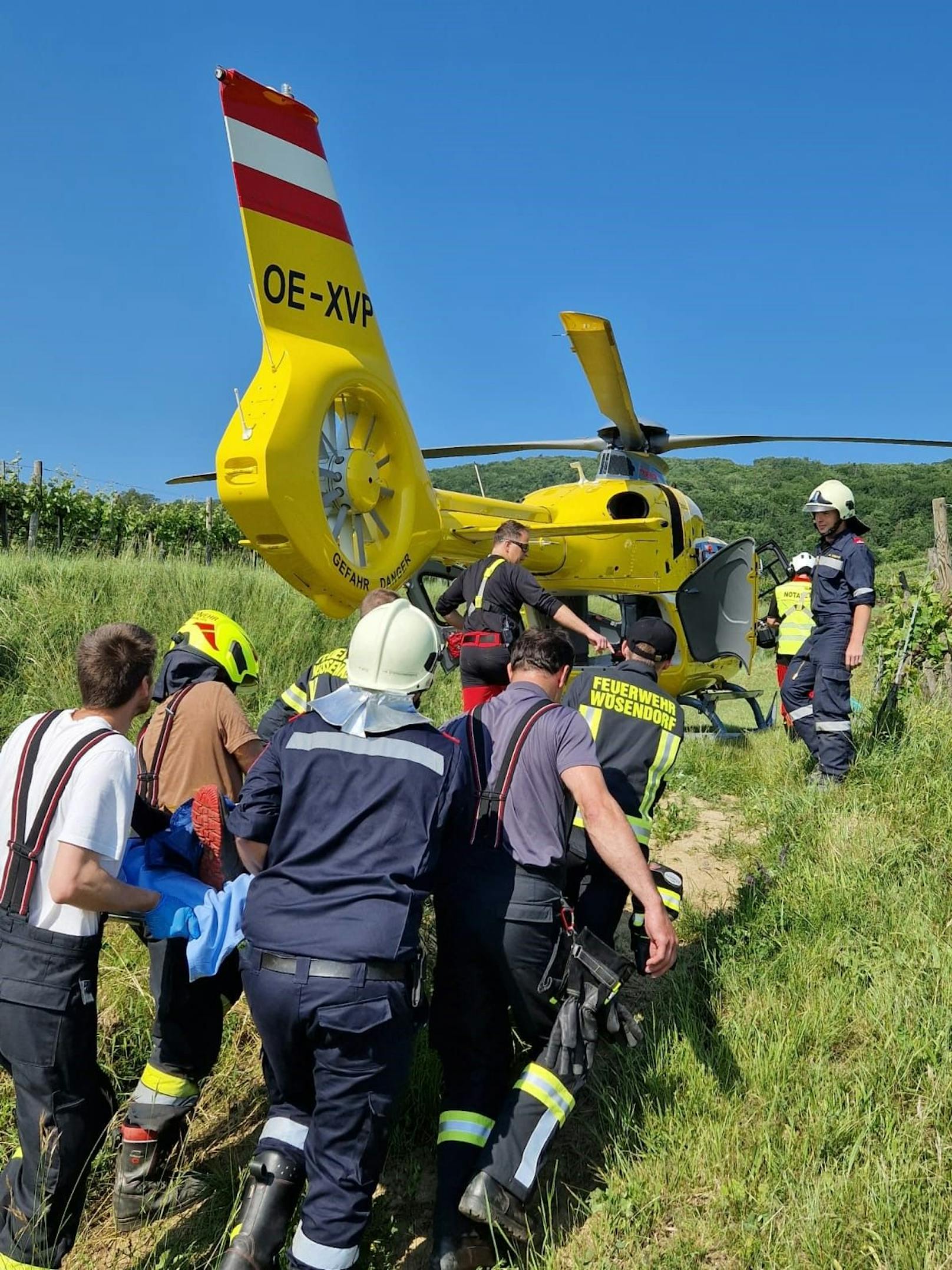 Mit vereinten Kräften: Feuerwehr und ÖAMTC-Crew von Christophorus 2 beim Abtransport des Verletzten.