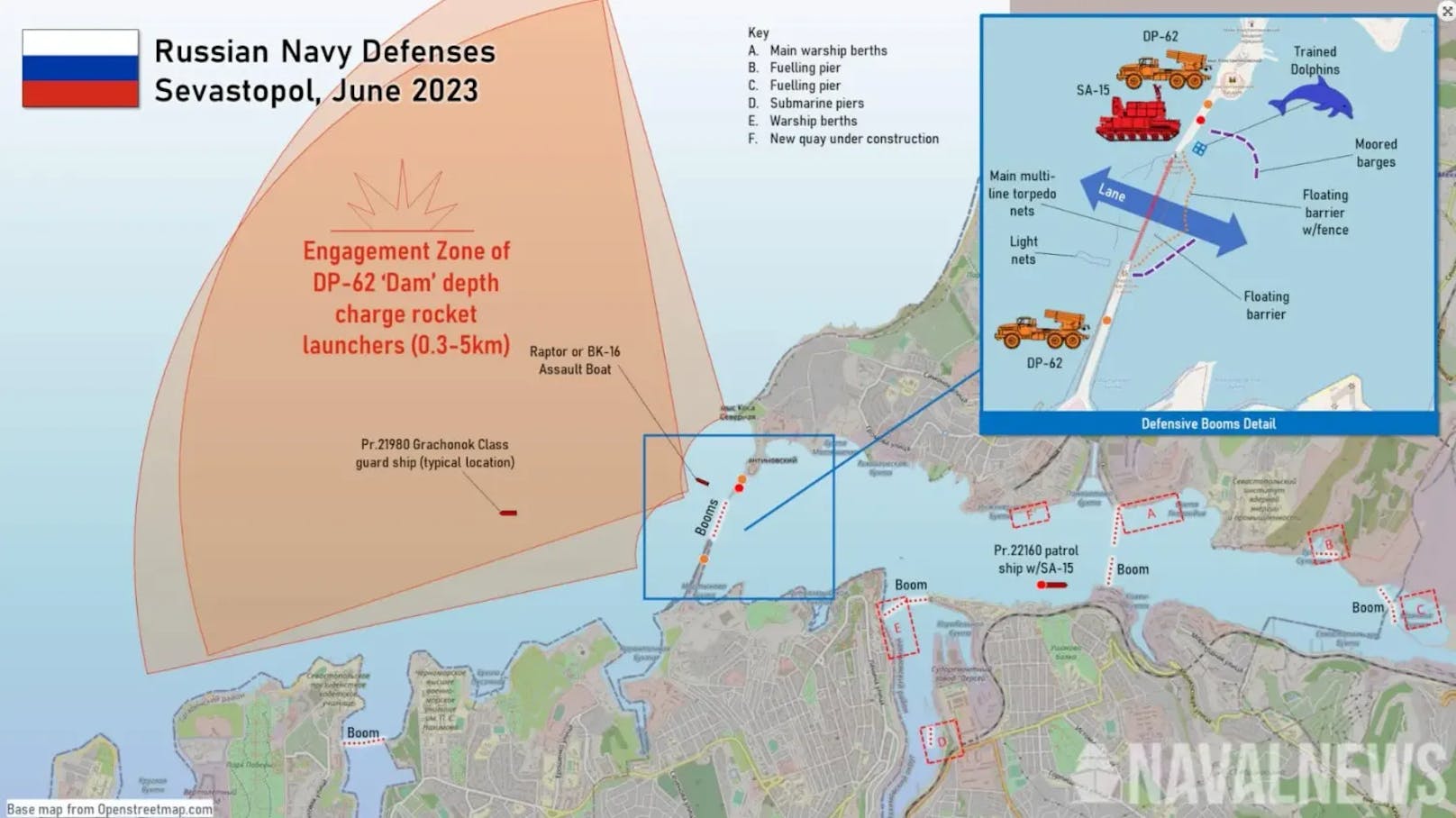 Diese Karte illustriert die verschiedenen Verteidigungswälle am Hafen von Sewastopol eindrucksvoll. Neben den Kurzstrecken-Systemen DP-62 und SA-15 sind auch S-400-Raketenwerfer am Hafen stationiert.