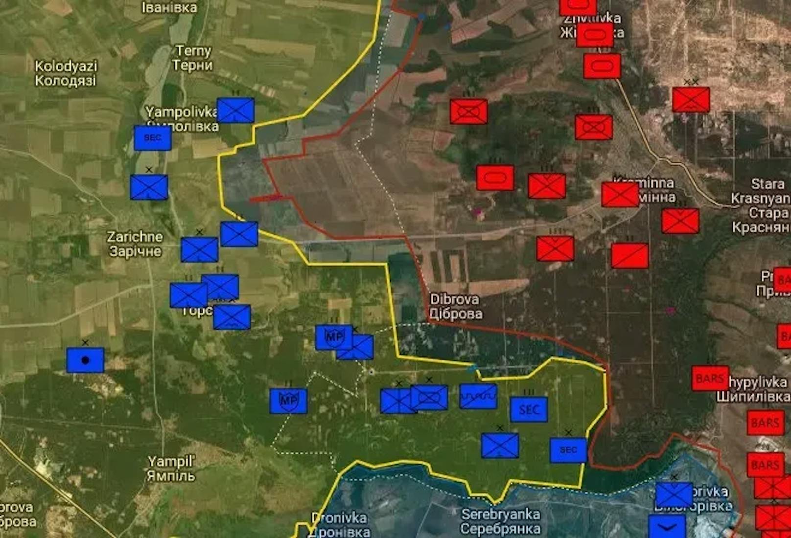 Kreminna, hier mittig rechts, liegt unmittelbar an der Front im Osten der Ukraine. In dem Gebiet läuft seit mehreren Tagen eine ukrainische Gegenoffensive, die schon mehrere Dörfer befreien konnte.