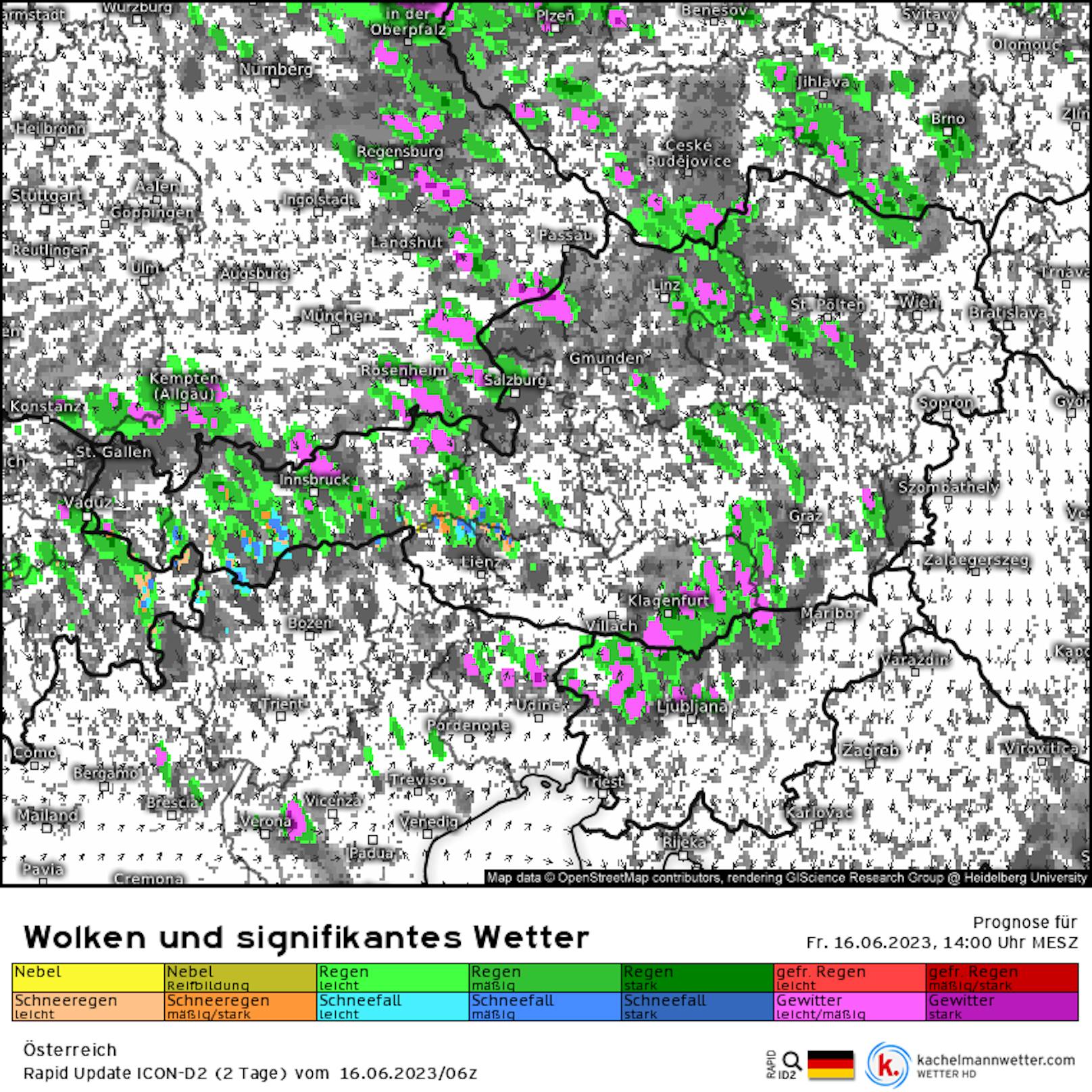 "Heute am Nachmittag entstehen ein paar teils kräftige Gewitter-Zellen!", so die Kachelmannwetter-Prognose für 14 Uhr.