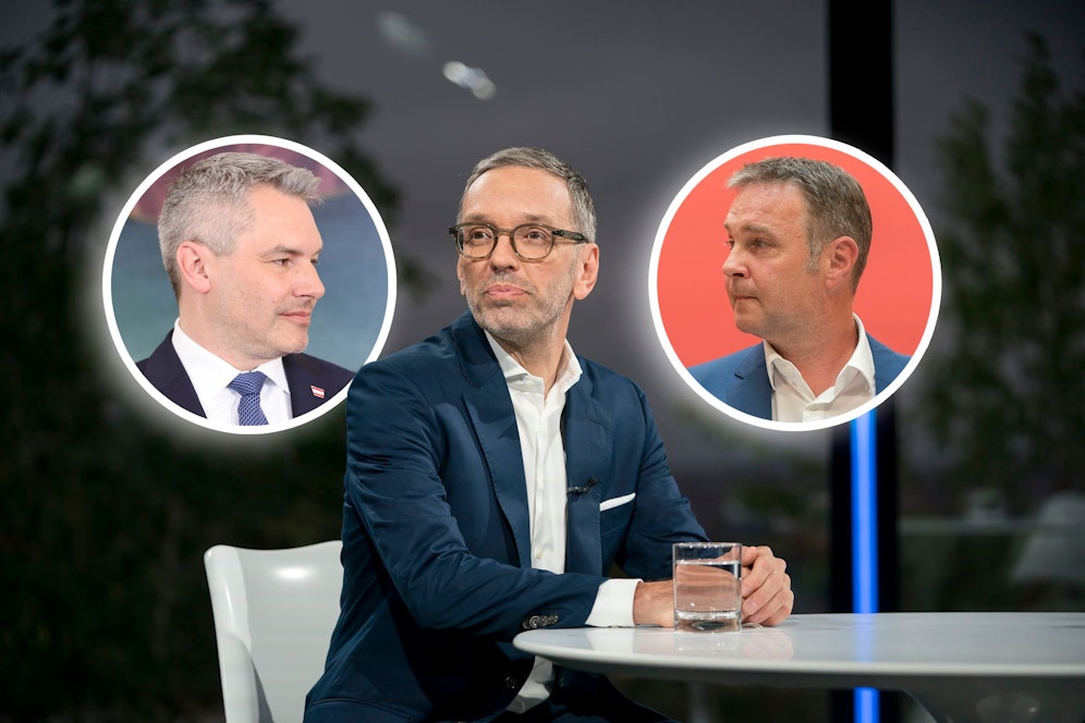 Herbert Kickl führt die Sonntagsfrage vor Karl Nehammer (l.) und Andreas Babler an.