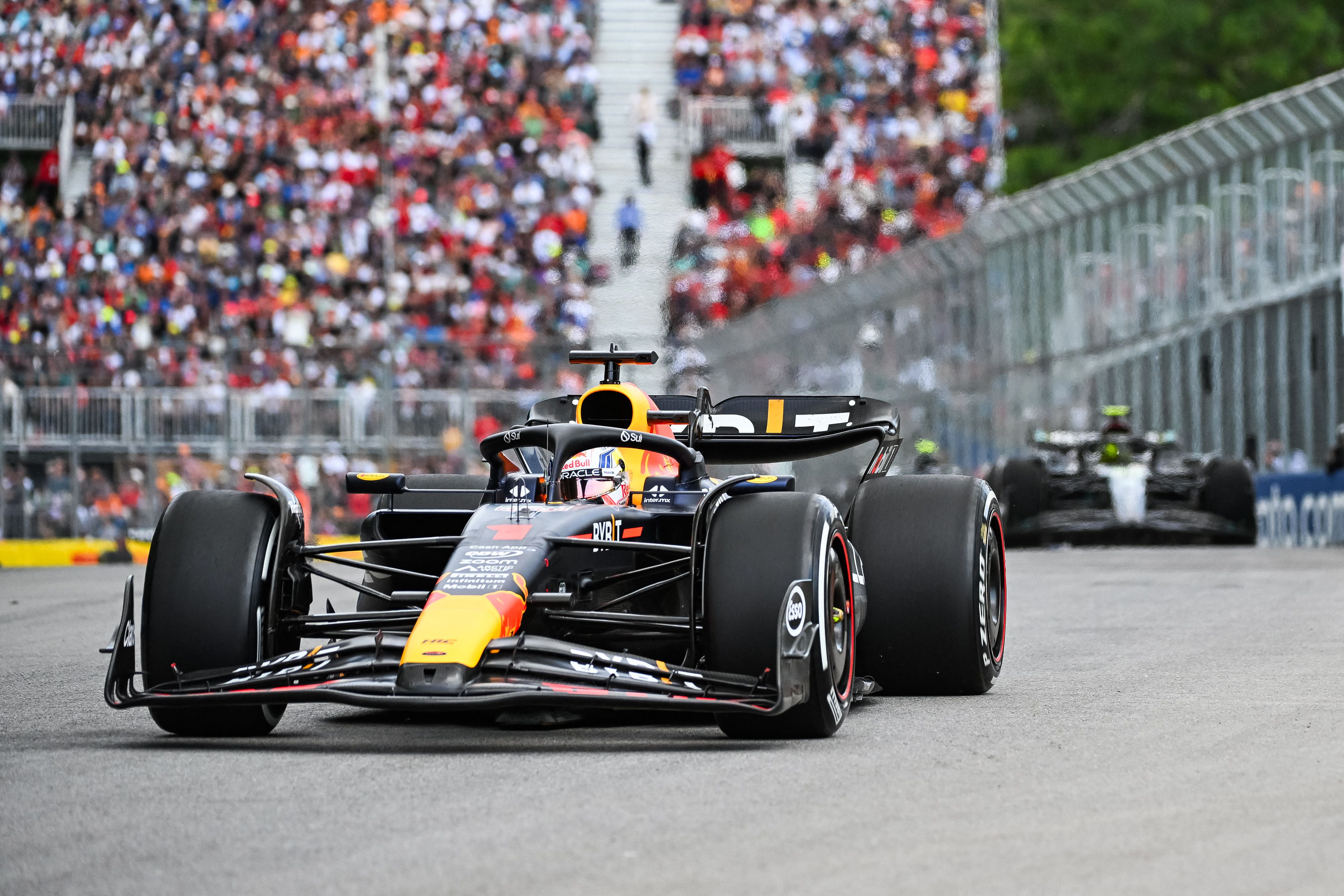 Jun 18, 2023; Montreal, Quebec, CAN;Red Bull Racing driver Max Verstappen (NED) leads the race during the Canadian Grand Prix at Circuit Gilles Villeneuve. Mandatory Credit: David Kirouac-USA TODAY Sports
