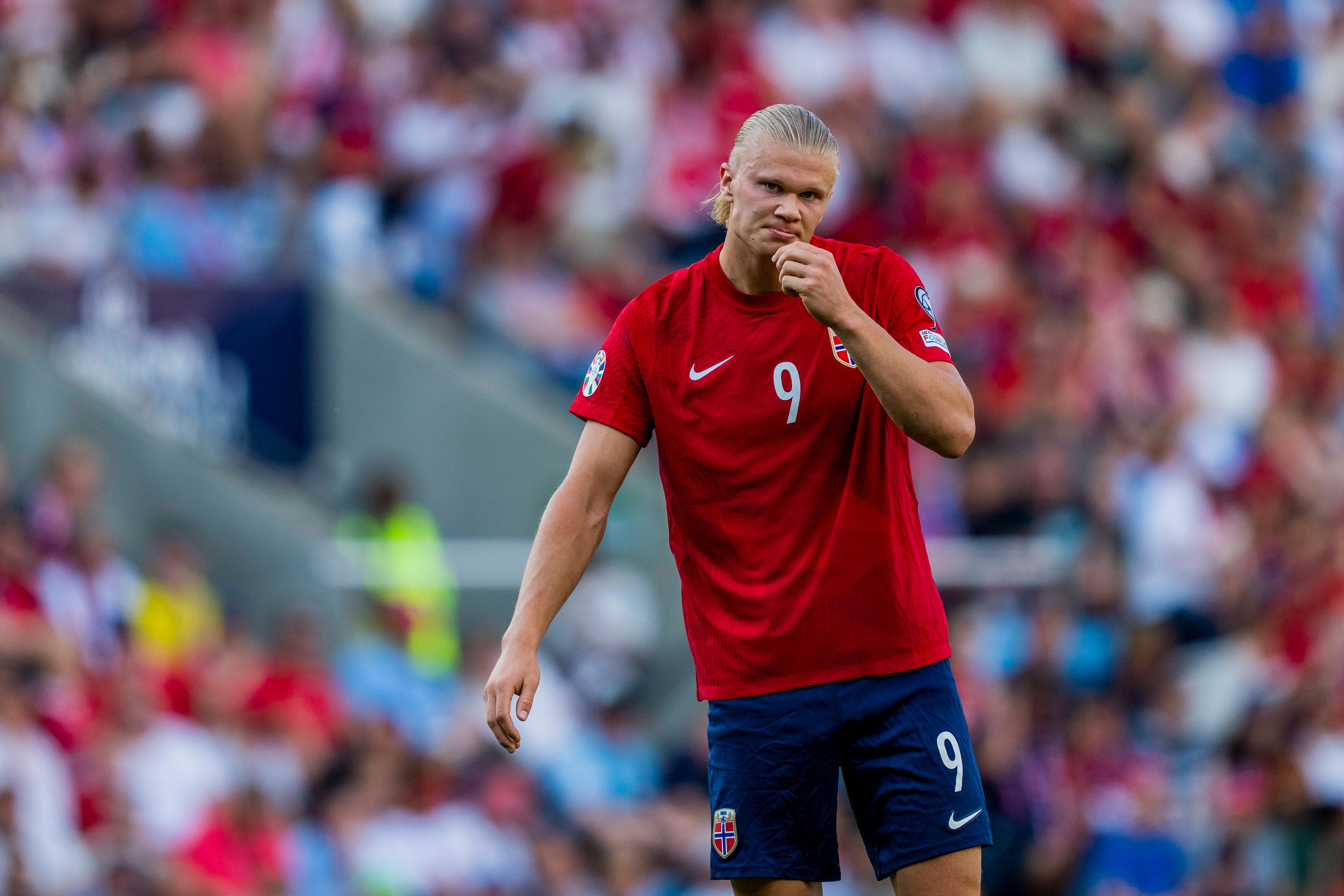 Fotball, EM-kvalifisering: Norge - Skottland Oslo 20230617. Norges Erling Braut Haaland under EM-kvalifiseringskampen i fotball mellom Norge og Skottland pa Ullevaal stadion. Foto: Fredrik Varfjell / NTB Oslo Norge EDITORIAL USE ONLY. RESTRICTED USE FOR BETTING COMPANIES Ref:_SPOqAxCevOyNx8.jpg PUBLICATIONxNOTxINxNORxSWExDENxFINxFRAxISL Copyright: xFredrikxVarfjellx/xNTBx