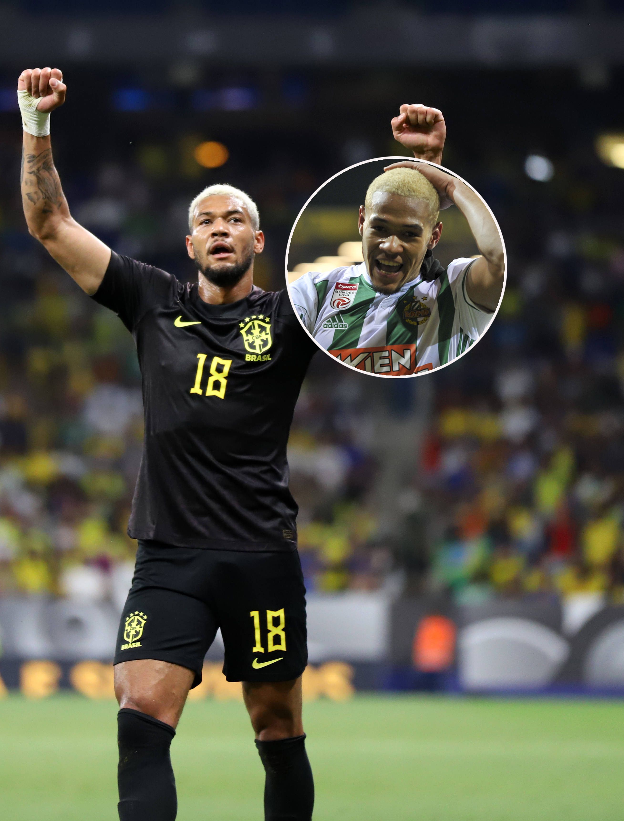 Joelinton im Rapid-Trikot (r.) und als Brasilien-Torschütze