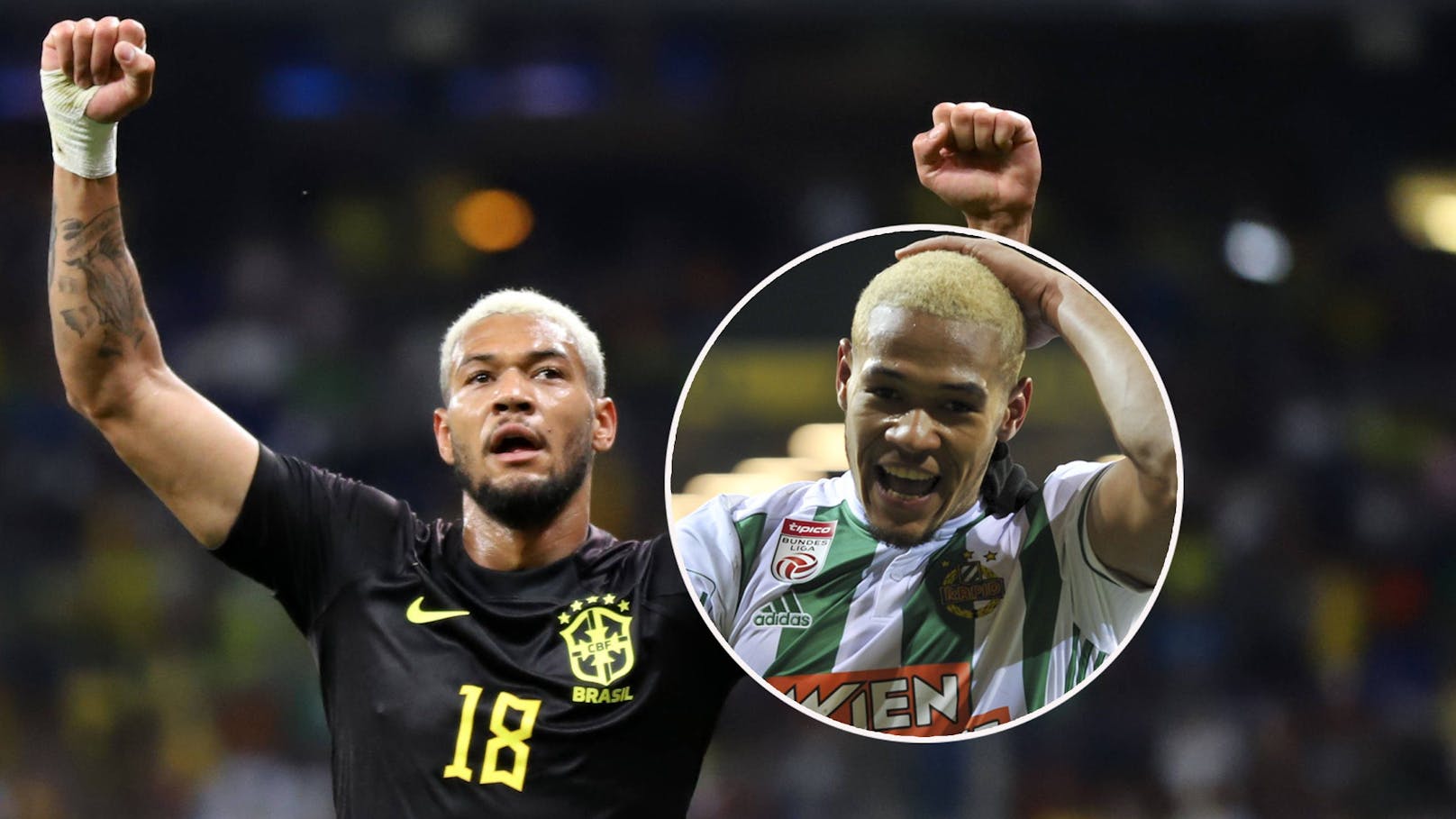 Joelinton im Rapid-Trikot (r.) und als Brasilien-Torschütze