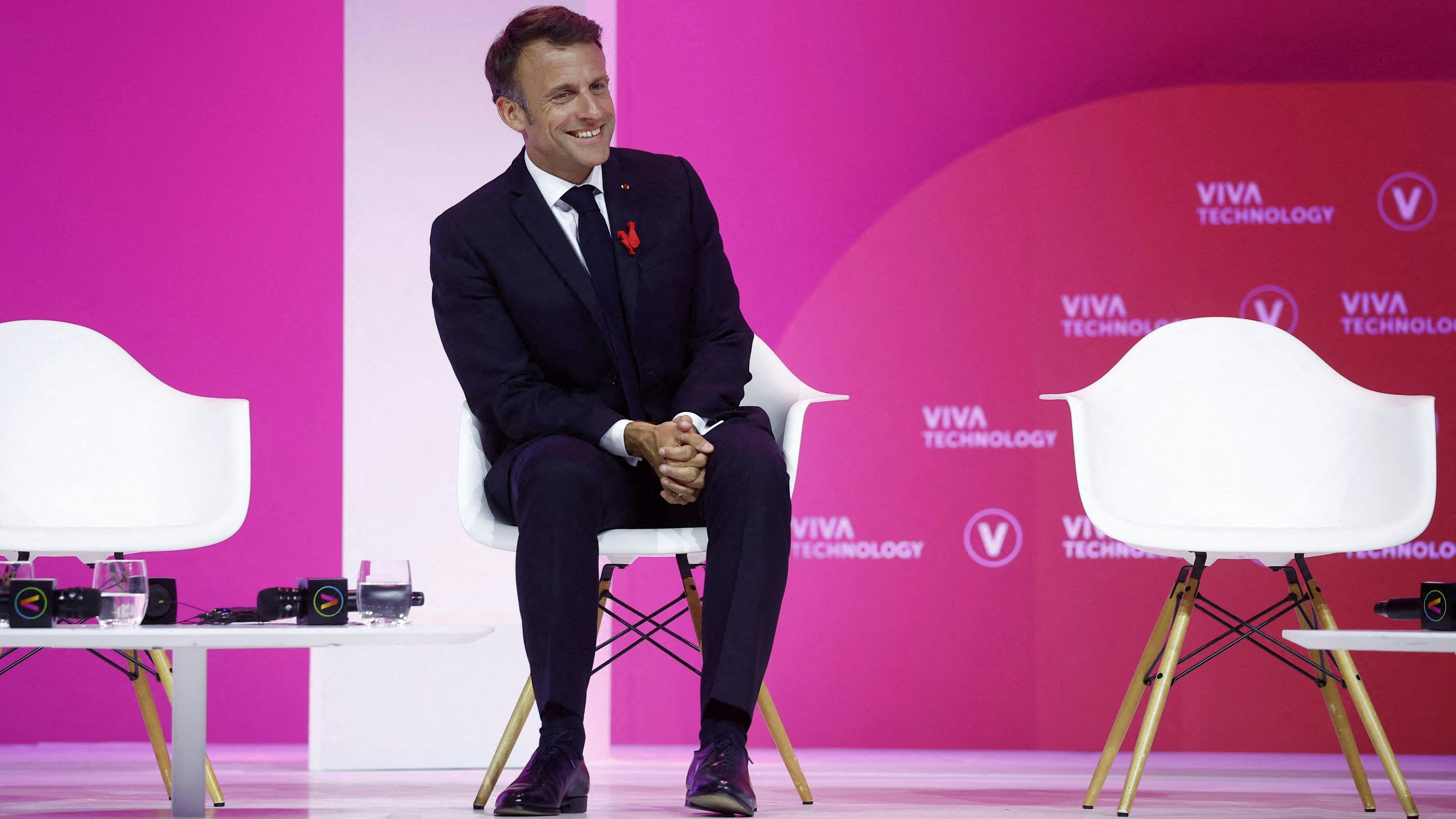 French President Emmanuel Macron attends a round table discussion during a visit at the Vivatech conference at Porte de Versailles exhibition center in Paris, France, June 14, 2023. Yoan Valat/Pool via REUTERS     TPX IMAGES OF THE DAY     