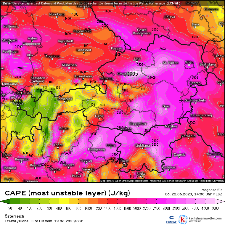 Errechnete CAPE-Werte über Österreich an Donnerstag, 22. Juni 2023, 14 Uhr.
