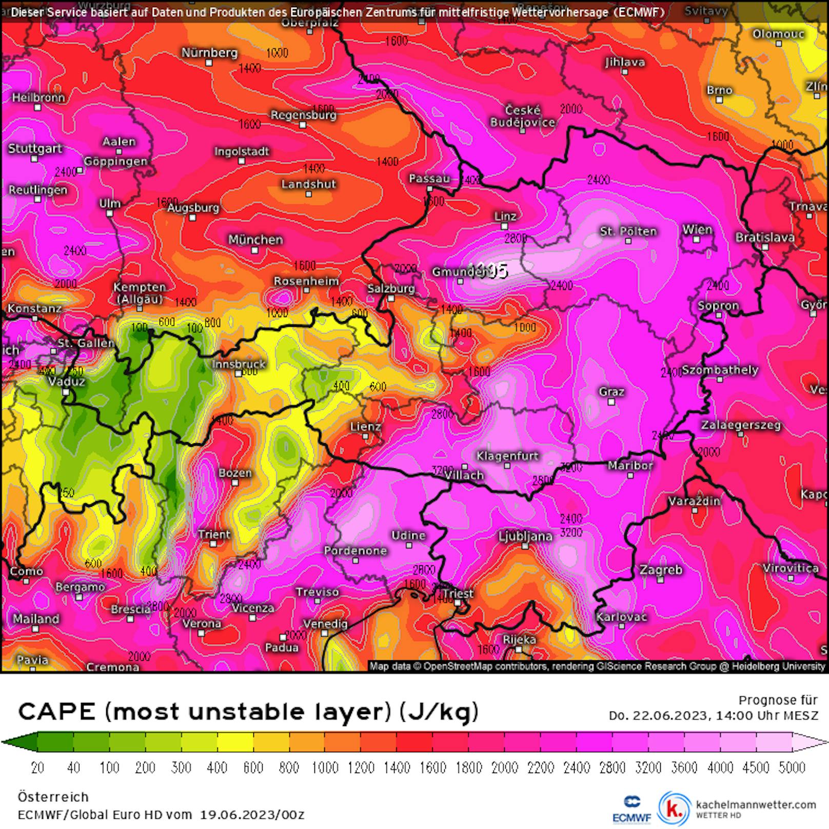 Errechnete CAPE-Werte über Österreich an Donnerstag, 22. Juni 2023, 14 Uhr.