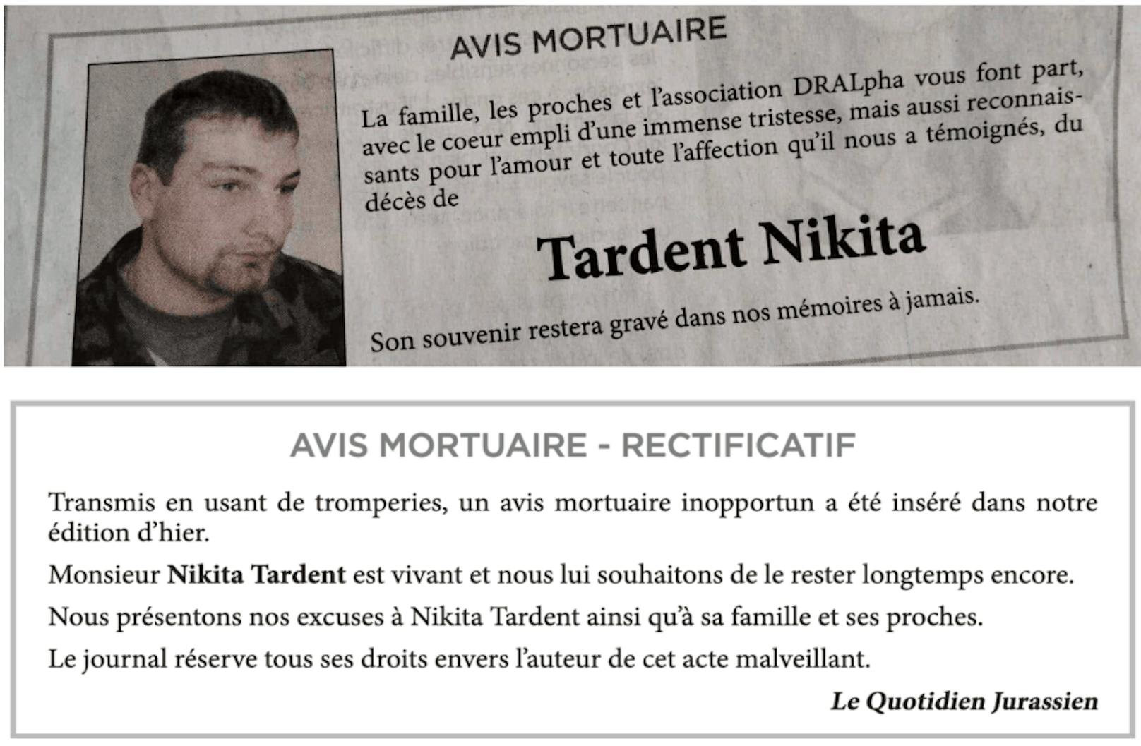 Hier zu sehen: Die mysteriöse Todesanzeige des 36-jährigen Mannes aus Tavannes im "Quotidien Jurassien", zusammen mit der Richtigstellung der Zeitung. 