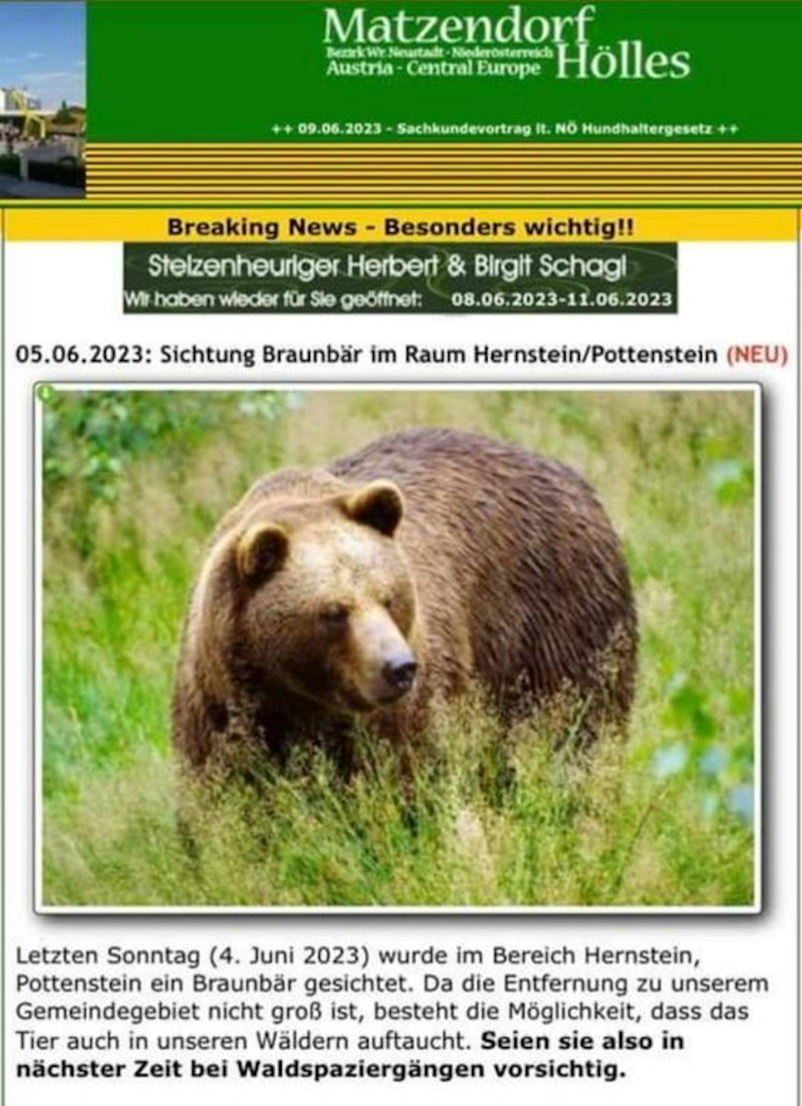 Auf der Homepage von Matzendorf-Hölles wurde eine Warnung ausgegeben.