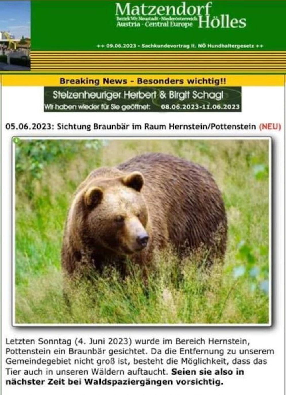 Auf der Homepage von Matzendorf-Hölles wurde eine Warnung ausgegeben.