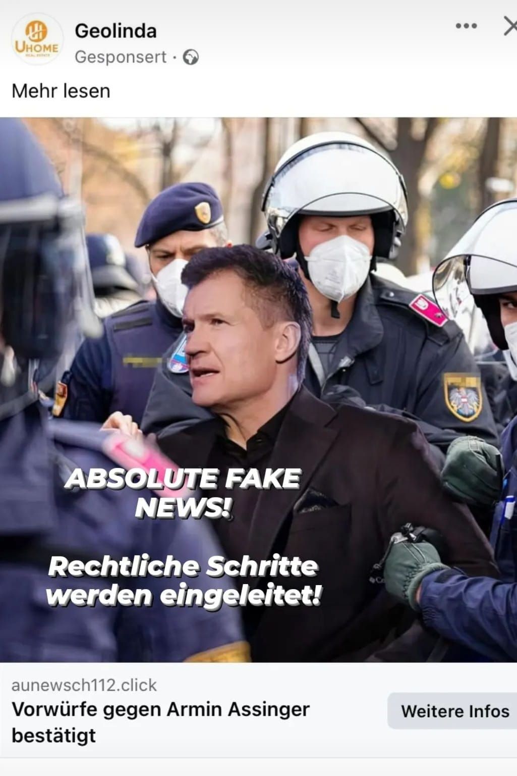 Diese schlechte Fotomontage mit Armin Assinger soll als Facebook-Werbung Menschen auf die Webseite der Betrüger locken.